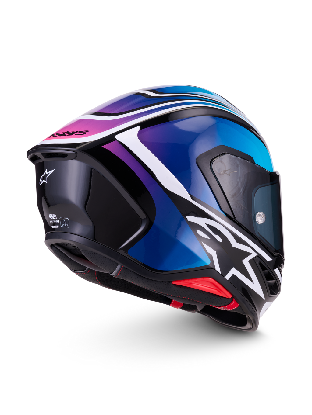 Alpinestars S-R7 Zeal hjälm, helintegrerad motorcykelhjälm för road racing i svart, blått, rosa och vitt, sida och bakifrån med aerodynamisk spoiler och grafisk design