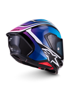 Alpinestars S-R7 Zeal hjälm, helintegrerad motorcykelhjälm för road racing i svart, blått, rosa och vitt, sida och bakifrån med aerodynamisk spoiler och grafisk design