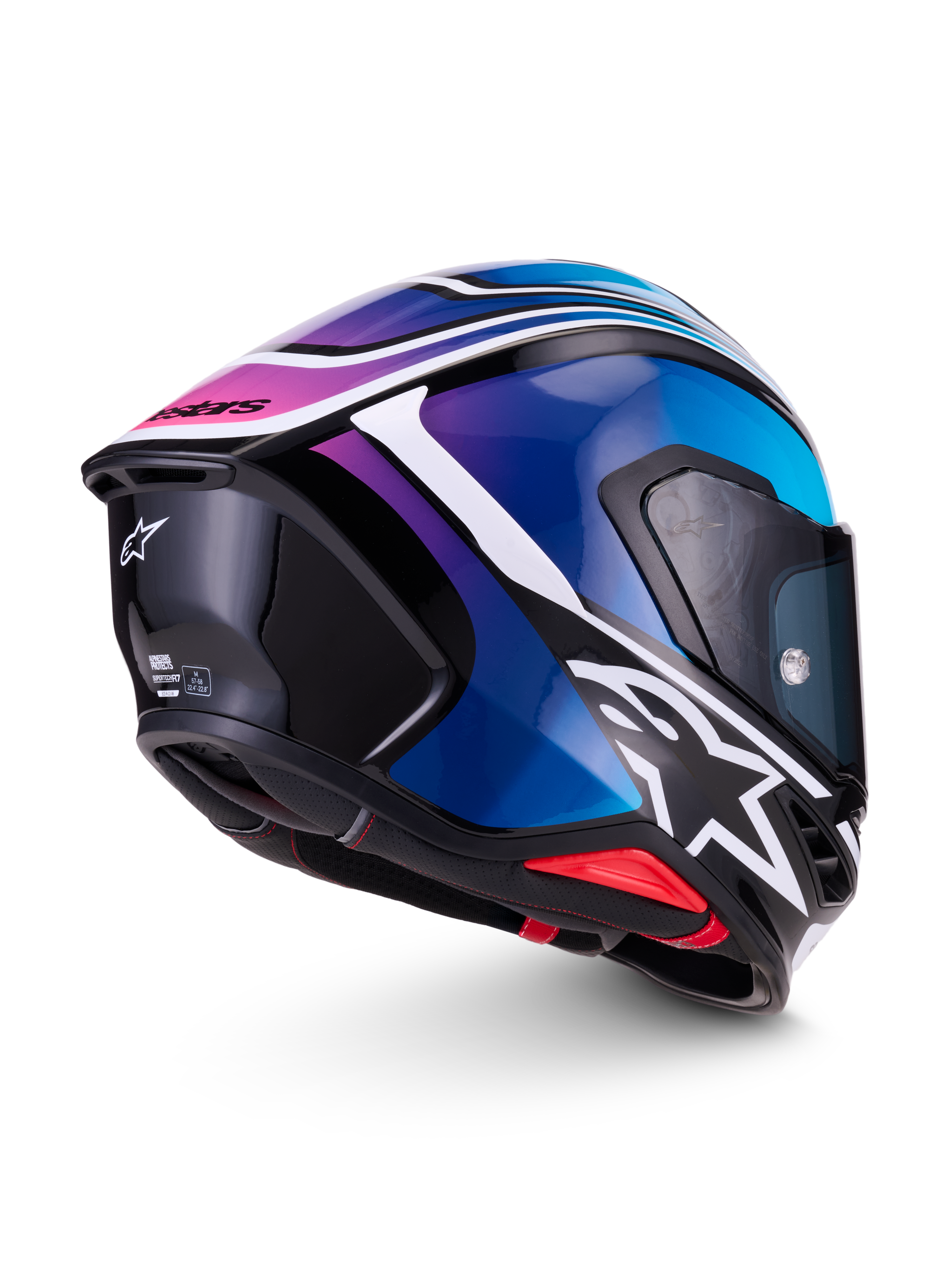 Alpinestars S-R7 Zeal hjälm, helintegrerad motorcykelhjälm för road racing i svart, blått, rosa och vitt, sida och bakifrån med aerodynamisk spoiler och grafisk design