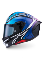 Alpinestars S-R7 Zeal hjälm, helhjälm för motorcykel, CE 22.06-certifierad, svart, blå, rosa och vit glansig finish med kolfiberkompositkonstruktion och aerodynamisk spoiler, sidovyn