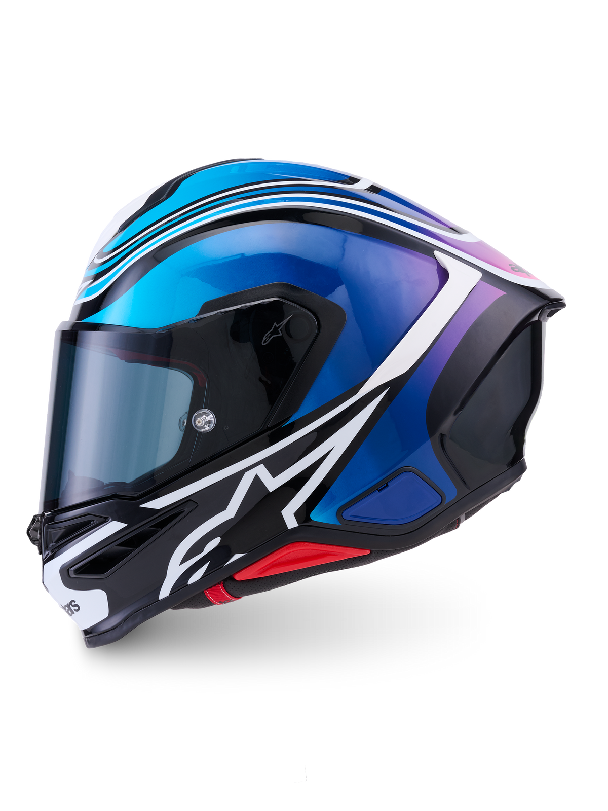 Alpinestars S-R7 Zeal hjälm, helhjälm för motorcykel, CE 22.06-certifierad, svart, blå, rosa och vit glansig finish med kolfiberkompositkonstruktion och aerodynamisk spoiler, sidovyn
