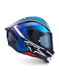 Alpinestars S-R7 Zeal hjälm, helhjälm för motorcykelracing, svart, blå, rosa och vit, kolfiberkompositkonstruktion, ECE 22.06-certifierad, sidoprofil som visar aerodynamiskt skal och visir