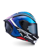 Alpinestars S-R7 Zeal hjälm, helhjälm för motorcykelracing, svart, blå, rosa och vit, kolfiberkompositkonstruktion, ECE 22.06-certifierad, sidoprofil som visar aerodynamiskt skal och visir