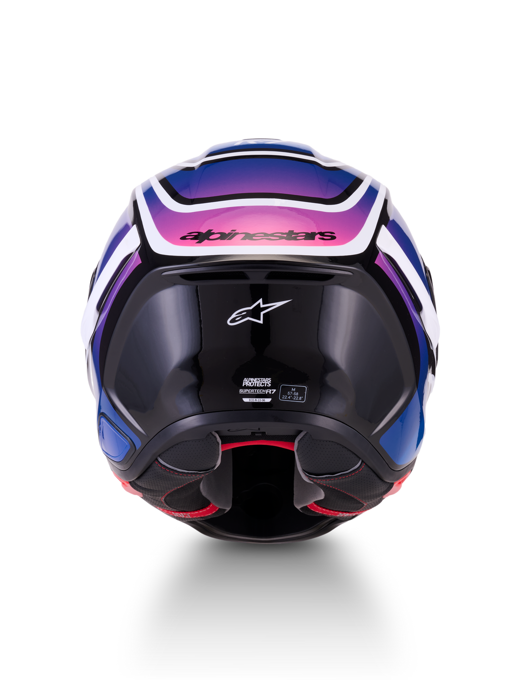 Alpinestars S-R7 Zeal hjälm, helhjälm för motorcykel, baksida, svarta, blåa och rosa detaljer med vit glansig yta, kolfiberkompositkonstruktion, ECE 22.06-certifierad