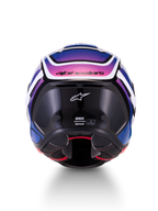 Alpinestars S-R7 Zeal hjälm, helhjälm för motorcykel, baksida, svarta, blåa och rosa detaljer med vit glansig yta, kolfiberkompositkonstruktion, ECE 22.06-certifierad