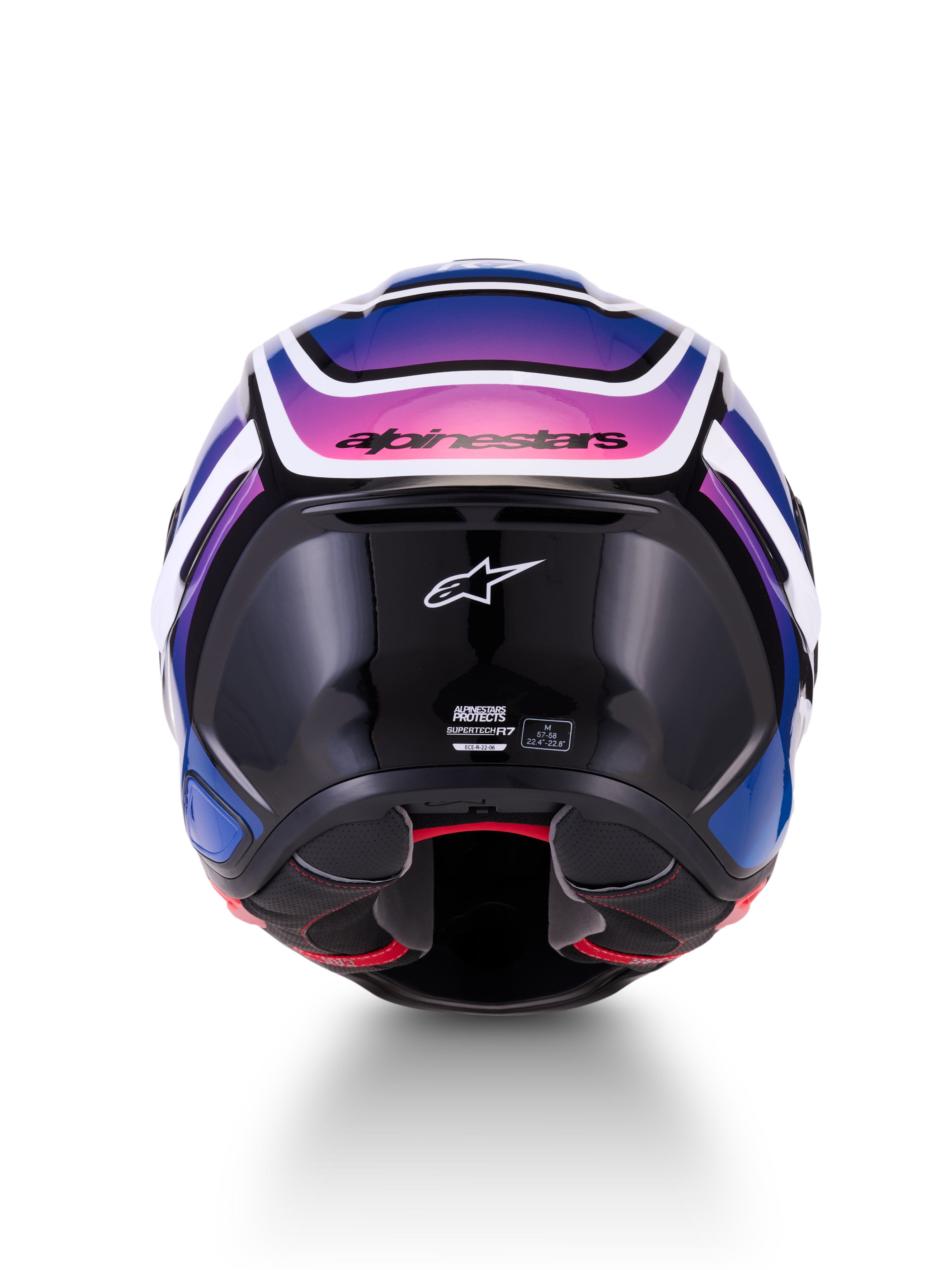 Alpinestars S-R7 Zeal hjälm, helhjälm för motorcykel, baksida, svarta, blåa och rosa detaljer med vit glansig yta, kolfiberkompositkonstruktion, ECE 22.06-certifierad