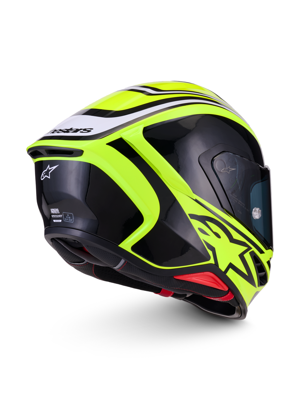 Alpinestars S-R7 Zeal hjälm, helhjälm för motorcykelracing, gul fluo, svart och vit, CE-certifierad kolfiberkonstruktion med aerodynamisk spoiler, vy bakifrån