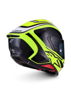 Alpinestars S-R7 Zeal hjälm, helhjälm för motorcykelracing, gul fluo, svart och vit, CE-certifierad kolfiberkonstruktion med aerodynamisk spoiler, vy bakifrån