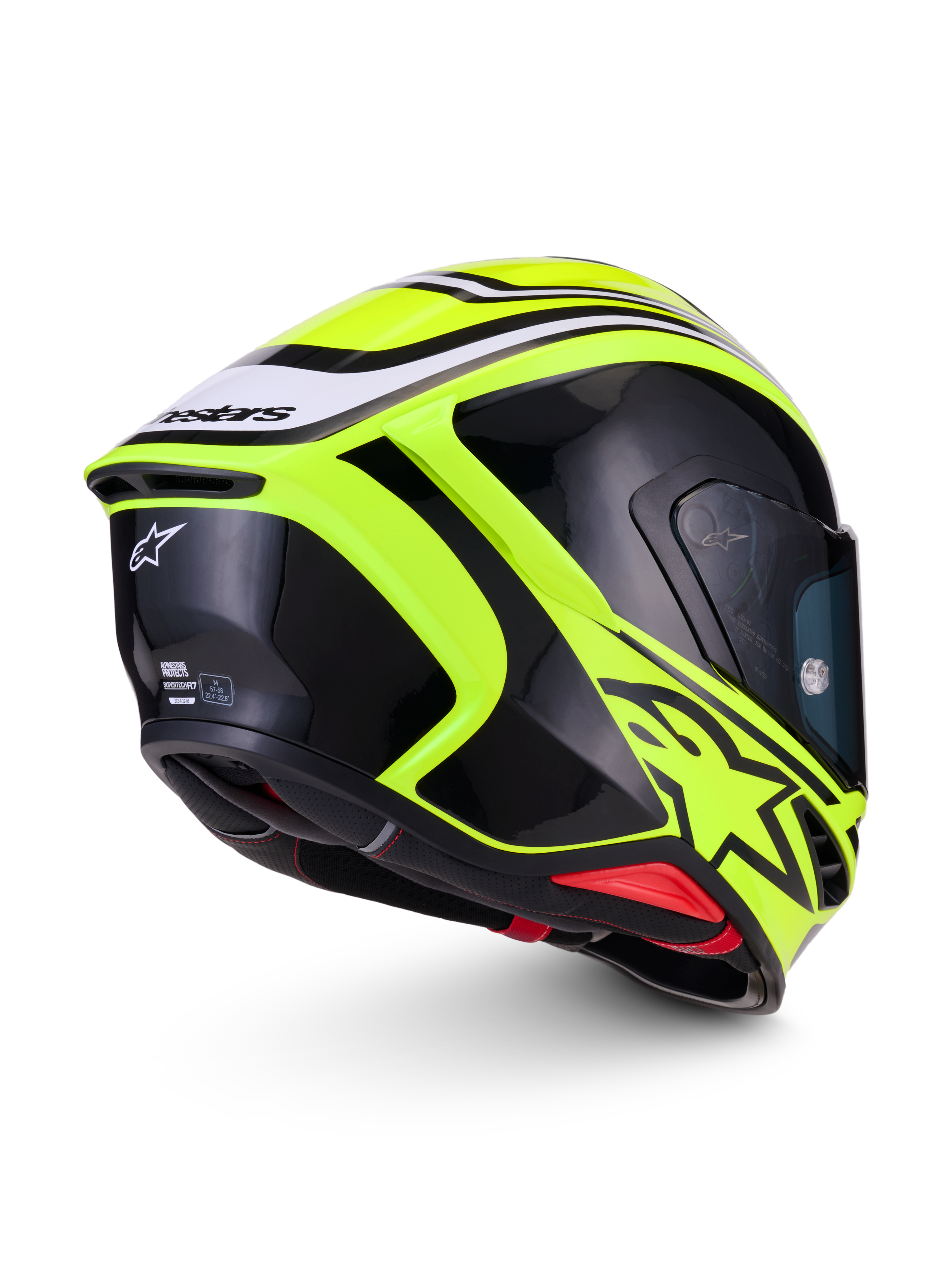 Alpinestars S-R7 Zeal hjälm, helhjälm för motorcykelracing, gul fluo, svart och vit, CE-certifierad kolfiberkonstruktion med aerodynamisk spoiler, vy bakifrån