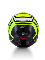 Alpinestars S-R7 Zeal hjälm, ECE-certifierad fullface-hjälm för motorcykelracing, gul fluo, svart och vit, bakvy som visar kolfiberkonstruktion och Alpinestars-logotyp
