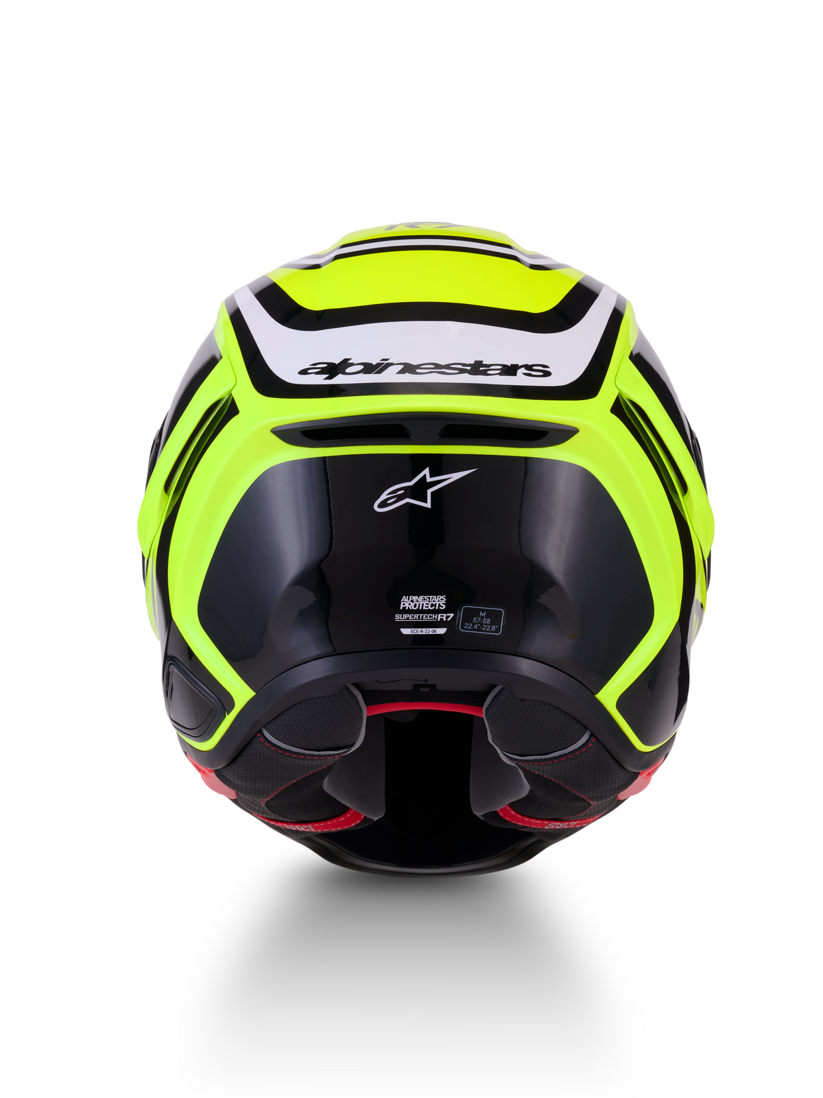 Alpinestars S-R7 Zeal hjälm, ECE-certifierad fullface-hjälm för motorcykelracing, gul fluo, svart och vit, bakvy som visar kolfiberkonstruktion och Alpinestars-logotyp