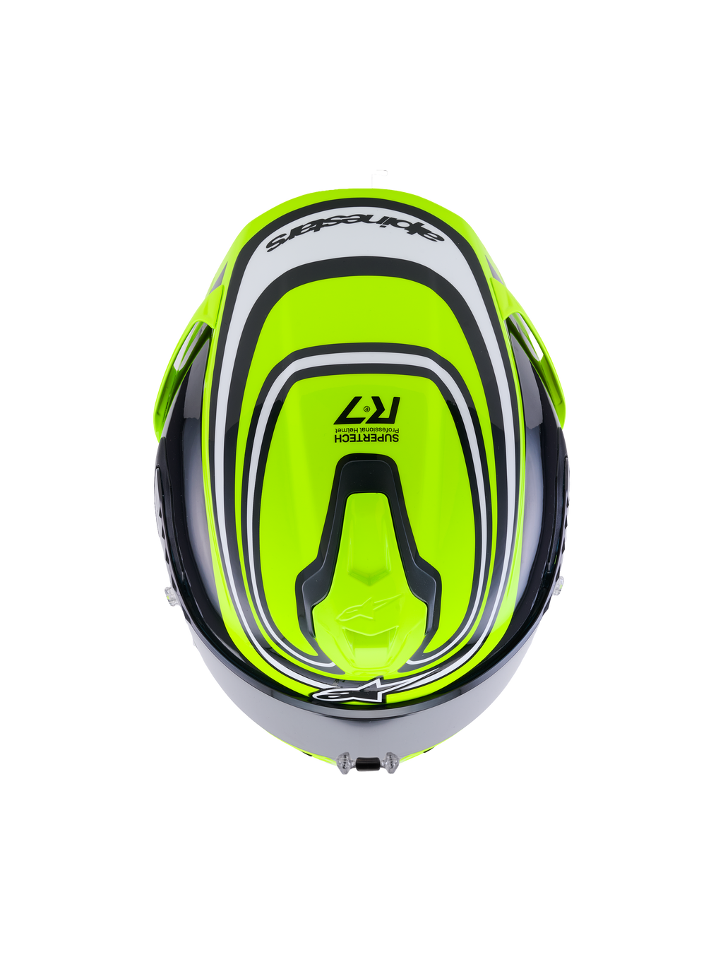 Alpinestars S-R7 Zeal hjälm ECE 22.06, integralhjälm för landsvägskörning i gul fluo, svart och vit, toppvy som visar aerodynamisk design, ventilationsöppningar och märkets detaljer