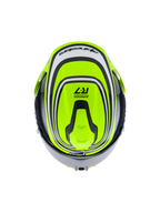 Alpinestars S-R7 Zeal hjälm ECE 22.06, integralhjälm för landsvägskörning i gul fluo, svart och vit, toppvy som visar aerodynamisk design, ventilationsöppningar och märkets detaljer