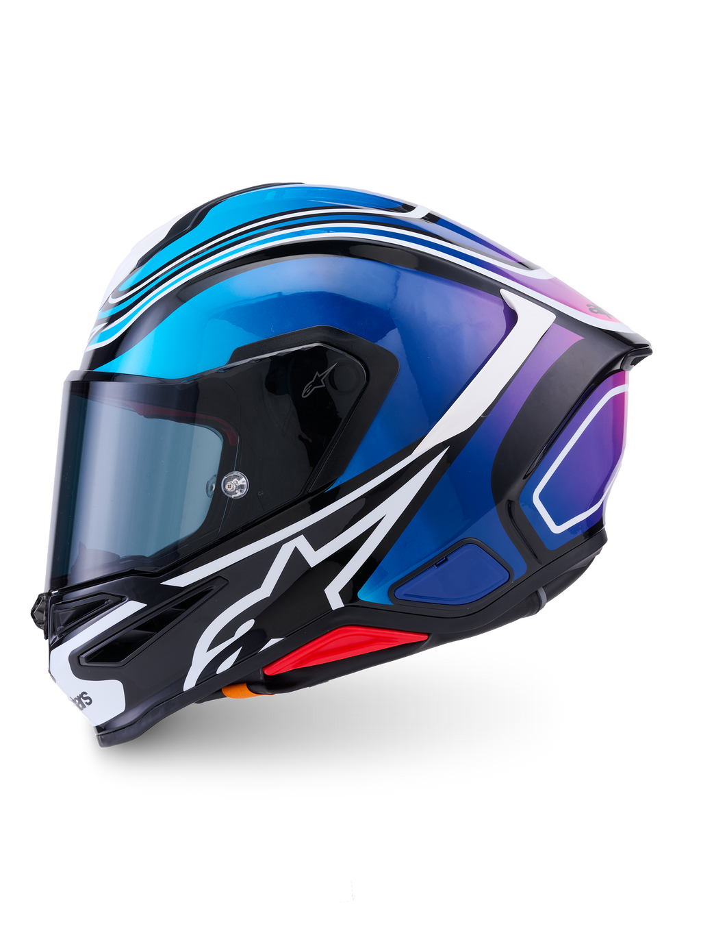 Alpinestars S-R7 Zeal hjälm, helhjälm för motorcykelracing, svart, blå, rosa och vit, kolfiberkonstruktion, ECE 22.06-certifierad