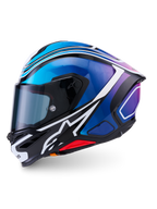 Alpinestars S-R7 Zeal hjälm, helhjälm för motorcykelracing, svart, blå, rosa och vit, kolfiberkonstruktion, ECE 22.06-certifierad