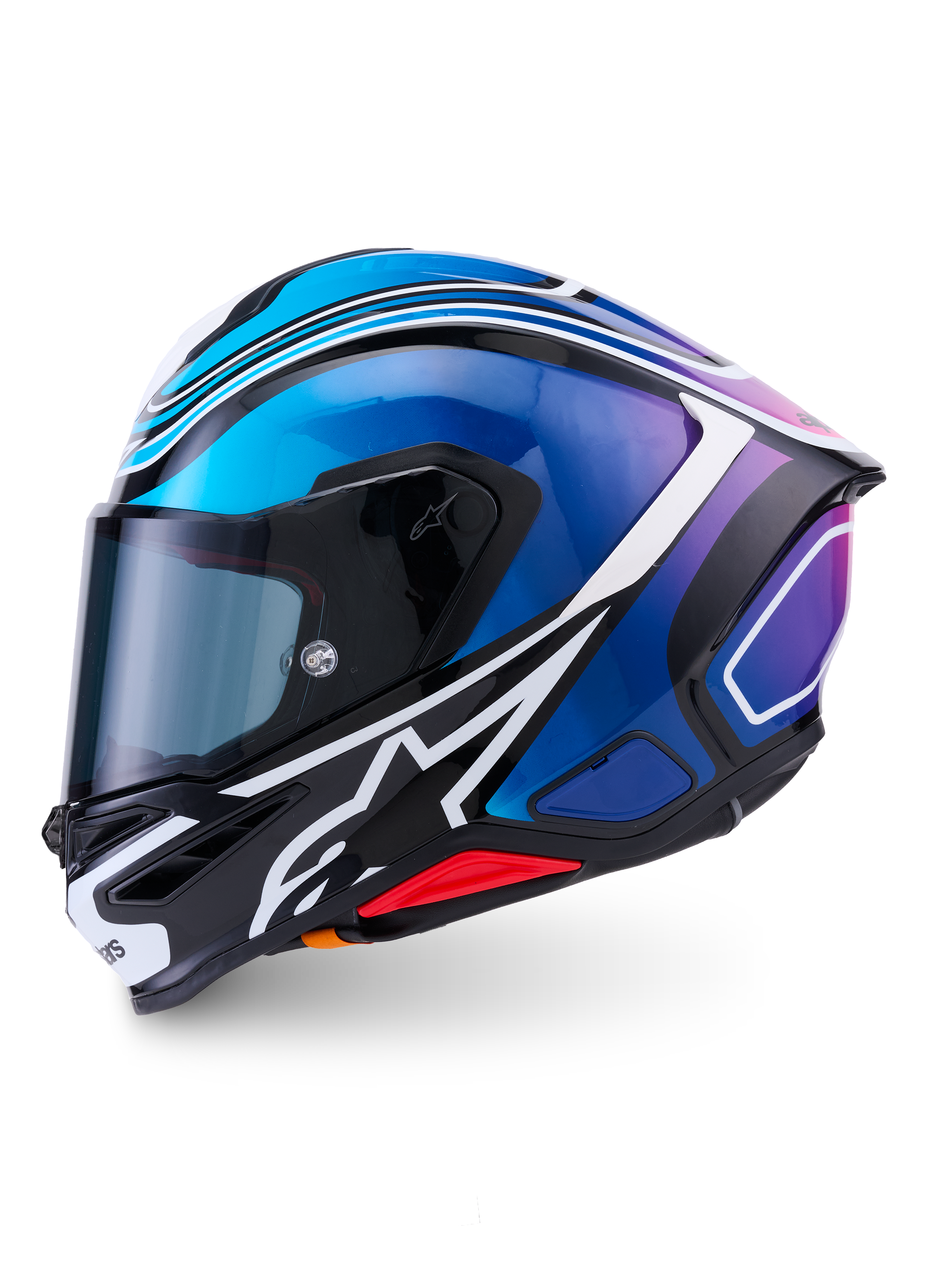 Alpinestars S-R7 Zeal hjälm, helhjälm för motorcykelracing, svart, blå, rosa och vit, kolfiberkonstruktion, ECE 22.06-certifierad