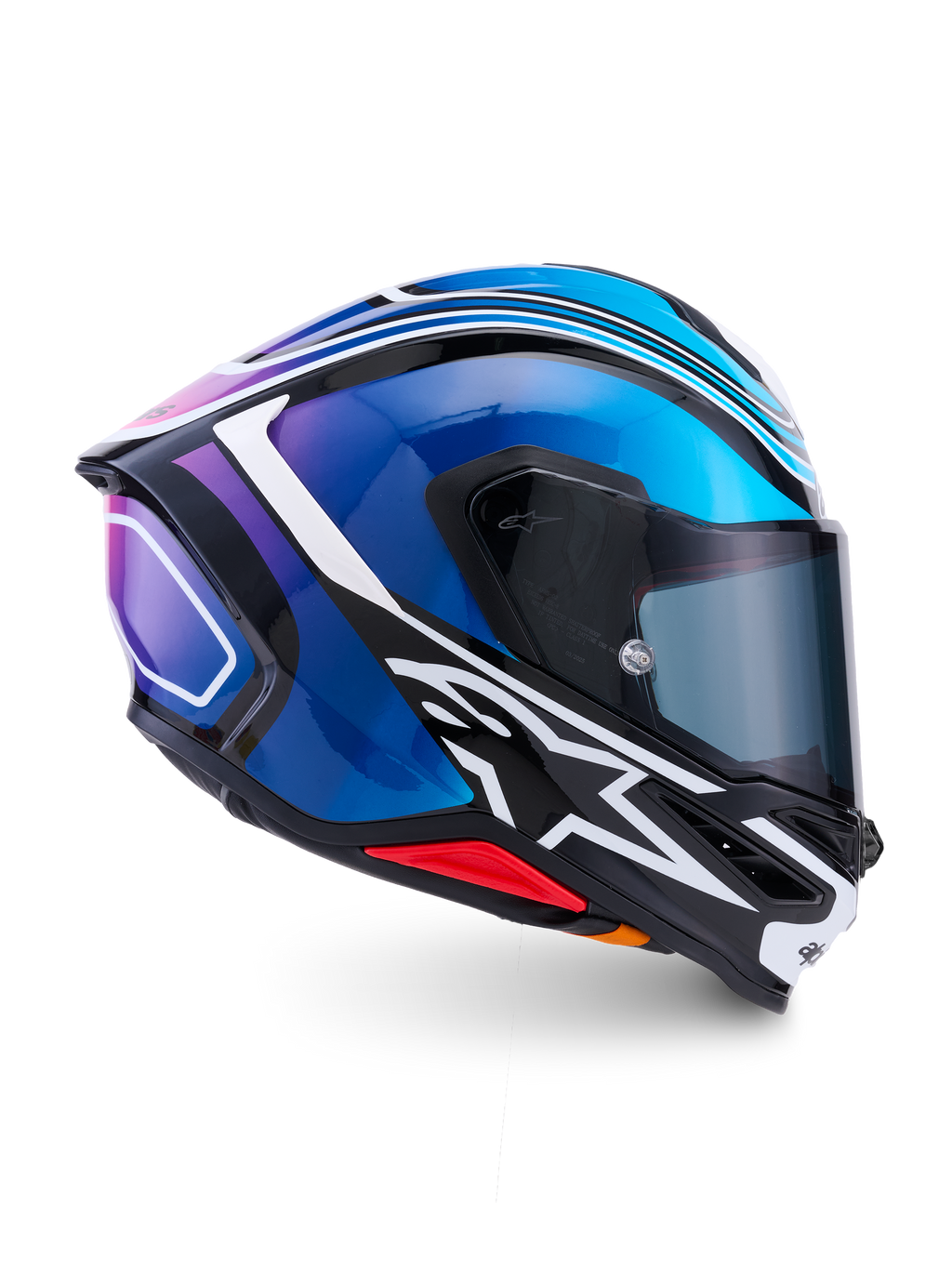 Alpinestars S-R 7 Zeal hjälm, helhjälm för motorcykelracing, svart, blå, rosa och vit, kolfiberkonstruktion, ECE 22.06