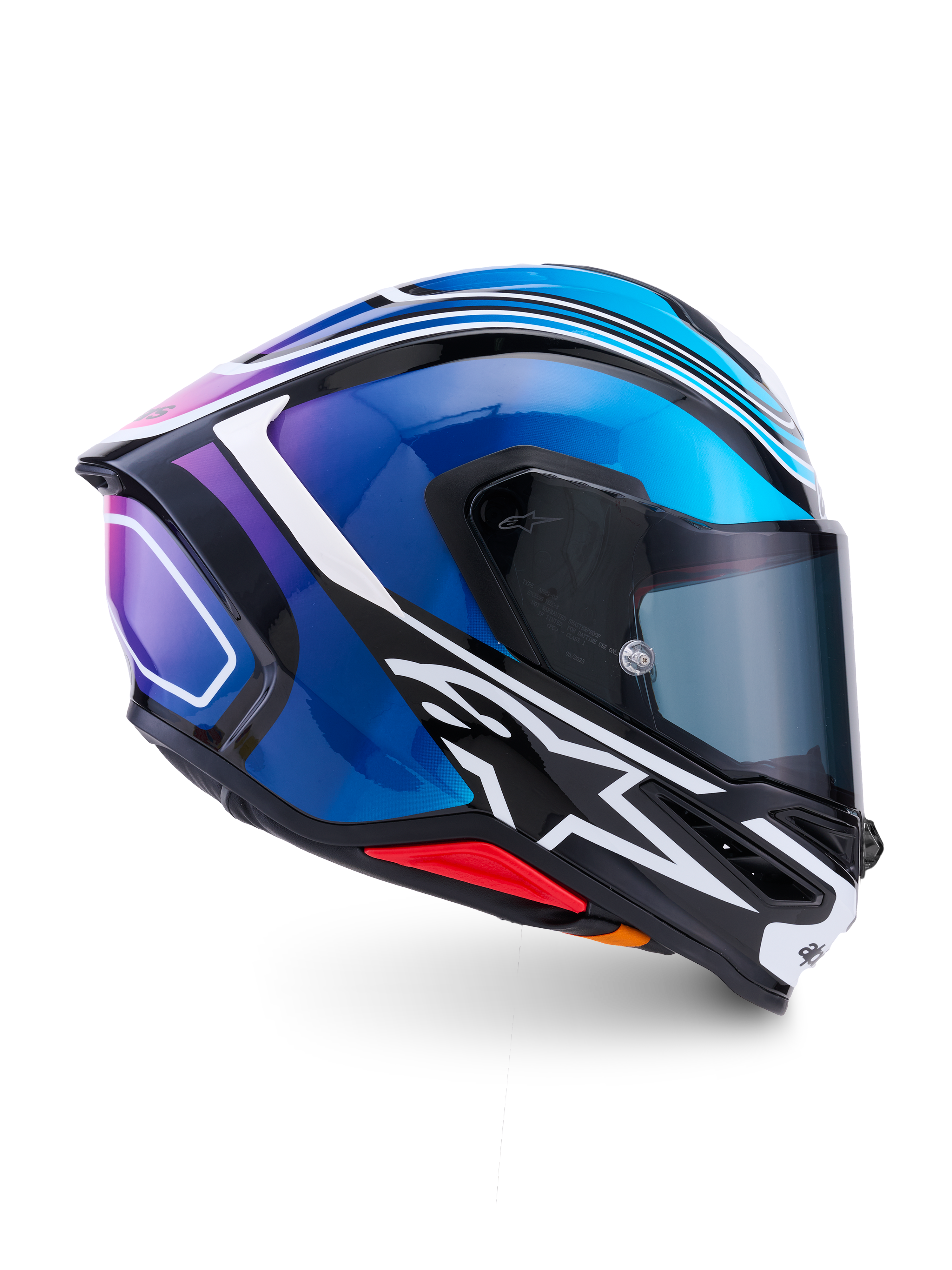 Alpinestars S-R 7 Zeal hjälm, helhjälm för motorcykelracing, svart, blå, rosa och vit, kolfiberkonstruktion, ECE 22.06