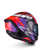 Alpinestars S-R7 Lumen Helmet ECE 22.06, full-face road racing motorcycle helmet in Black, Purple, Red Fluo, and White Glossy, featuring carbon composite construction and aerodynamic design