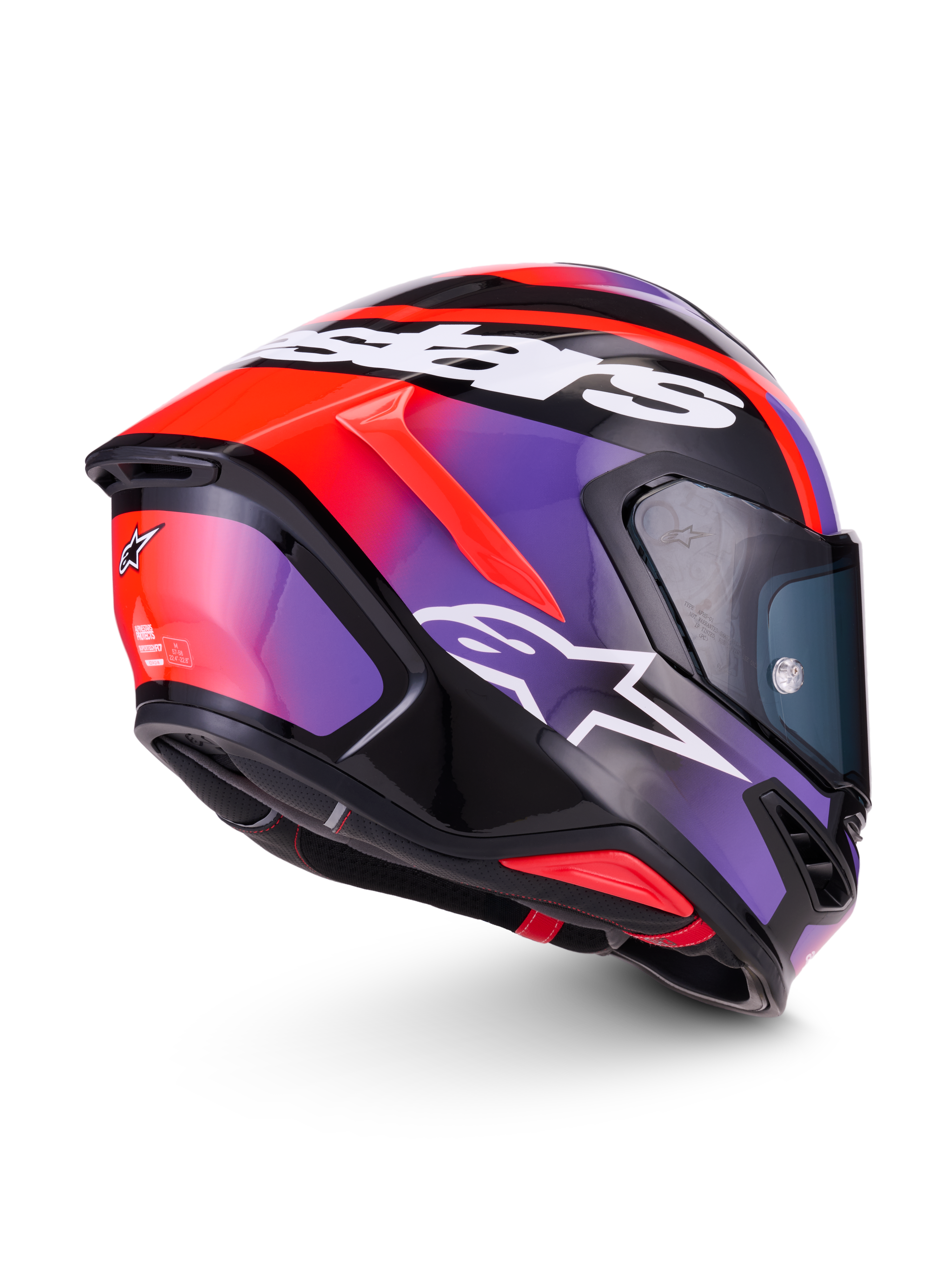 Alpinestars S-R7 Lumen Helmet ECE 22.06, full-face road racing motorcycle helmet in Black, Purple, Red Fluo, and White Glossy, featuring carbon composite construction and aerodynamic design