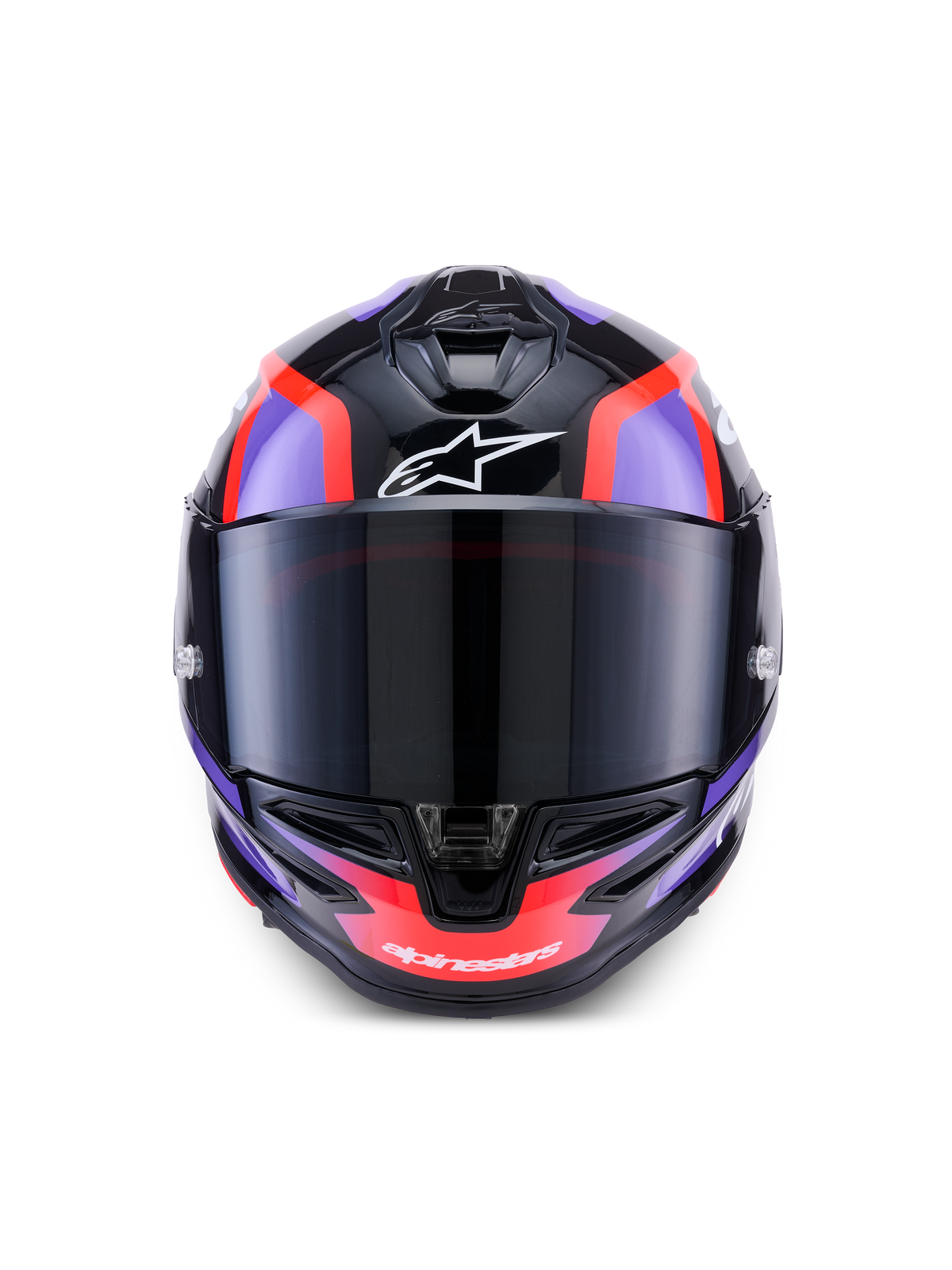 Alpinestars S-R7 Lumen Helmet, full-face motorcycle road racing helmet, Black, Purple, and Red Fluo with white accents, glossy finish, ECE 22.06 certified carbon construction