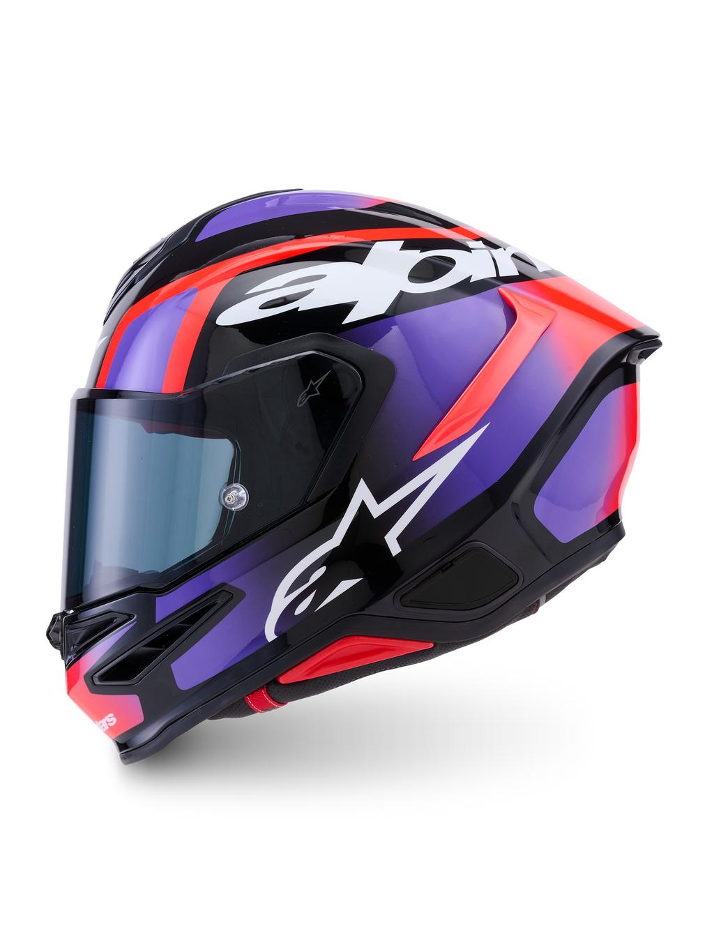 Alpinestars S-R7 Lumen Helmet ECE 22.06, full-face road racing motorcycle helmet in Black, Purple, Red Fluo, and White Glossy with carbon composite construction and aerodynamic design