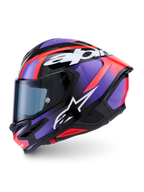 Alpinestars S-R7 Lumen Helmet ECE 22.06, full-face road racing motorcycle helmet in Black, Purple, Red Fluo, and White Glossy with carbon composite construction and aerodynamic design
