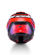 Alpinestars S-R7 Lumen Helmet ECE 22.06, full face motorcycle racing helmet, rear view showing carbon composite construction and aerodynamic spoiler in Black, Purple, Red Fluo, and White Glossy