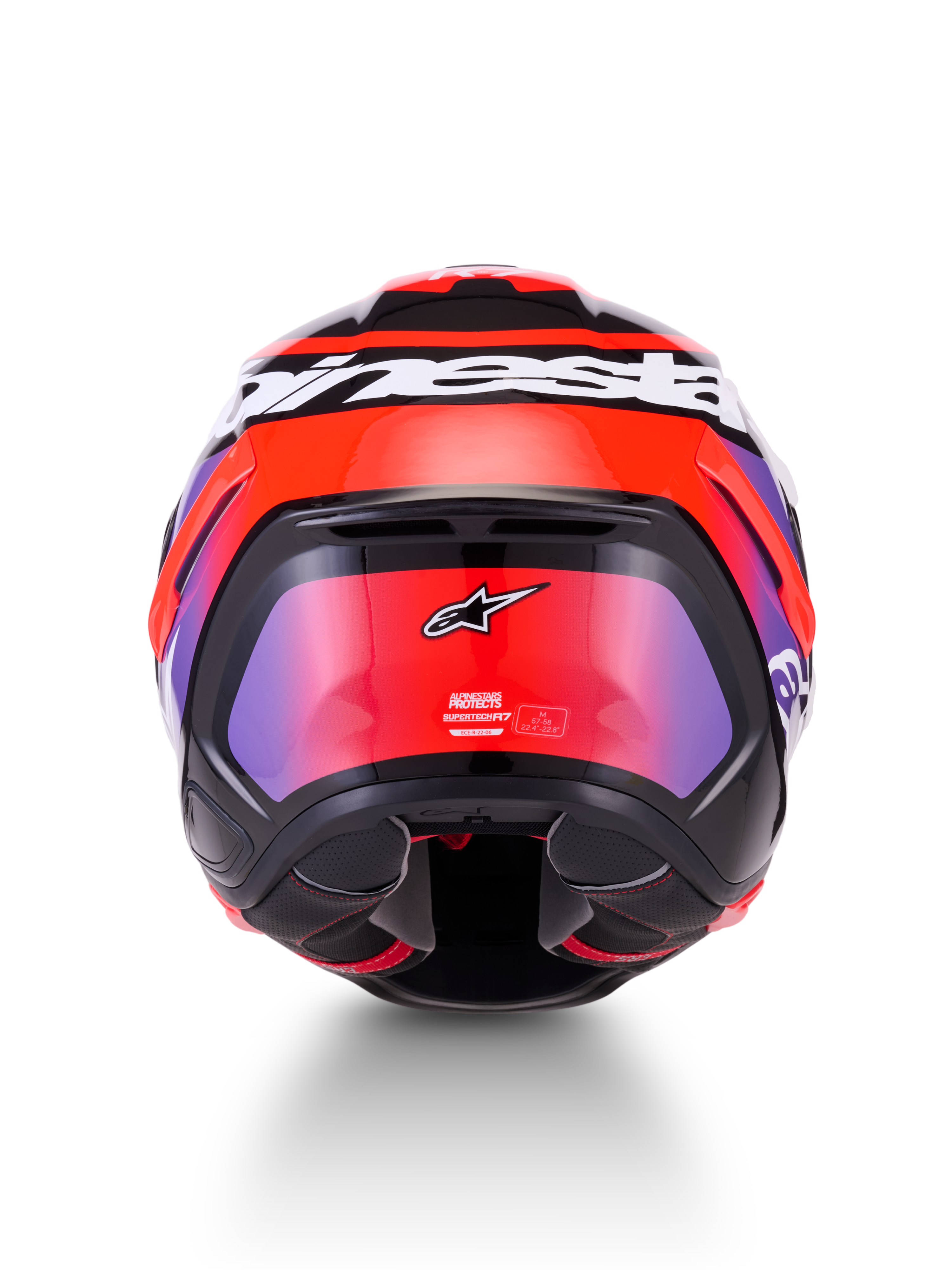 Alpinestars S-R7 Lumen Helmet ECE 22.06, full face motorcycle racing helmet, rear view showing carbon composite construction and aerodynamic spoiler in Black, Purple, Red Fluo, and White Glossy