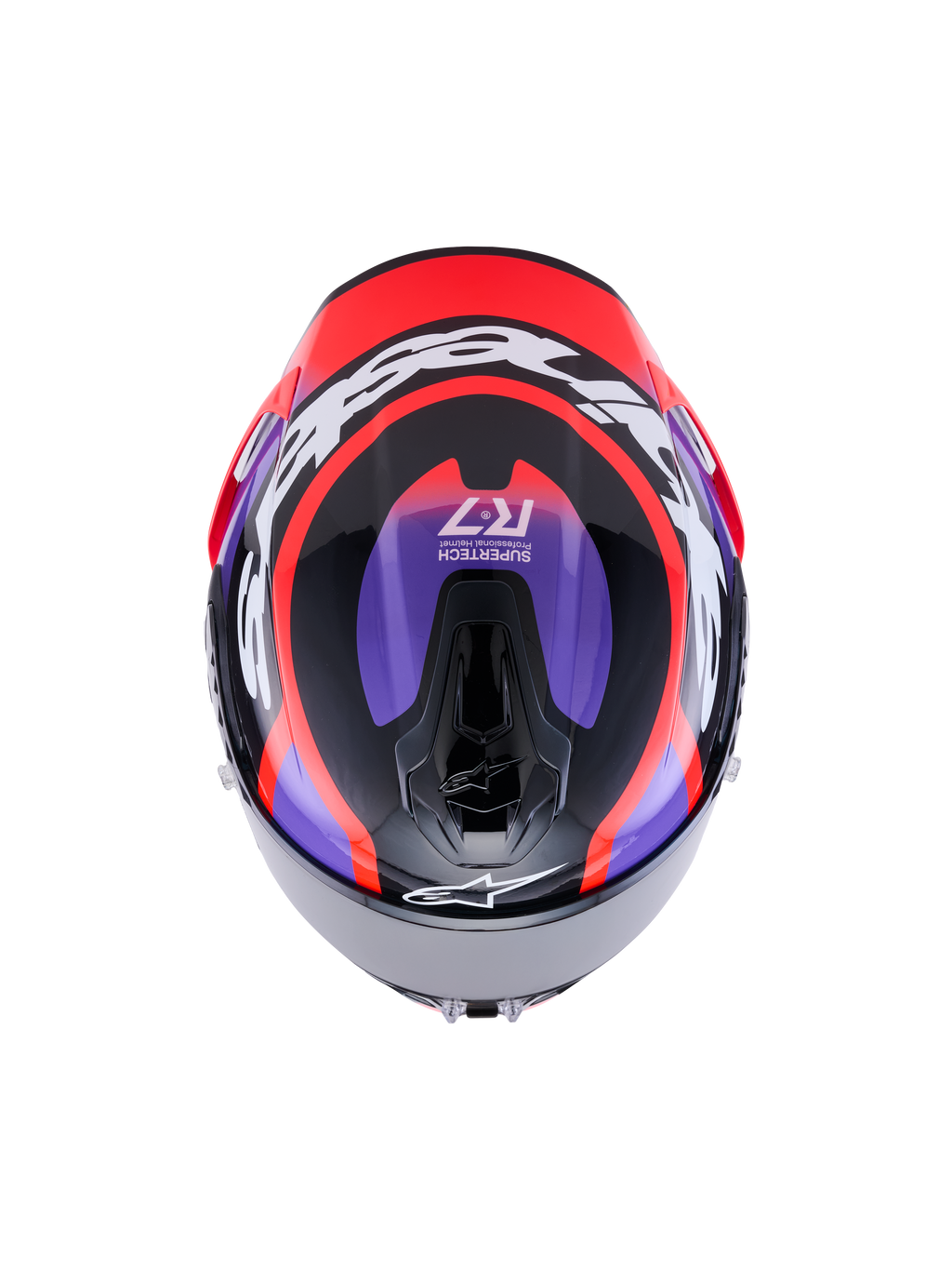 Alpinestars S-R7 Lumen Helmet ECE 22.06, full-face motorcycle racing helmet, top view showing carbon composite construction in black, purple, red fluo, and glossy white
