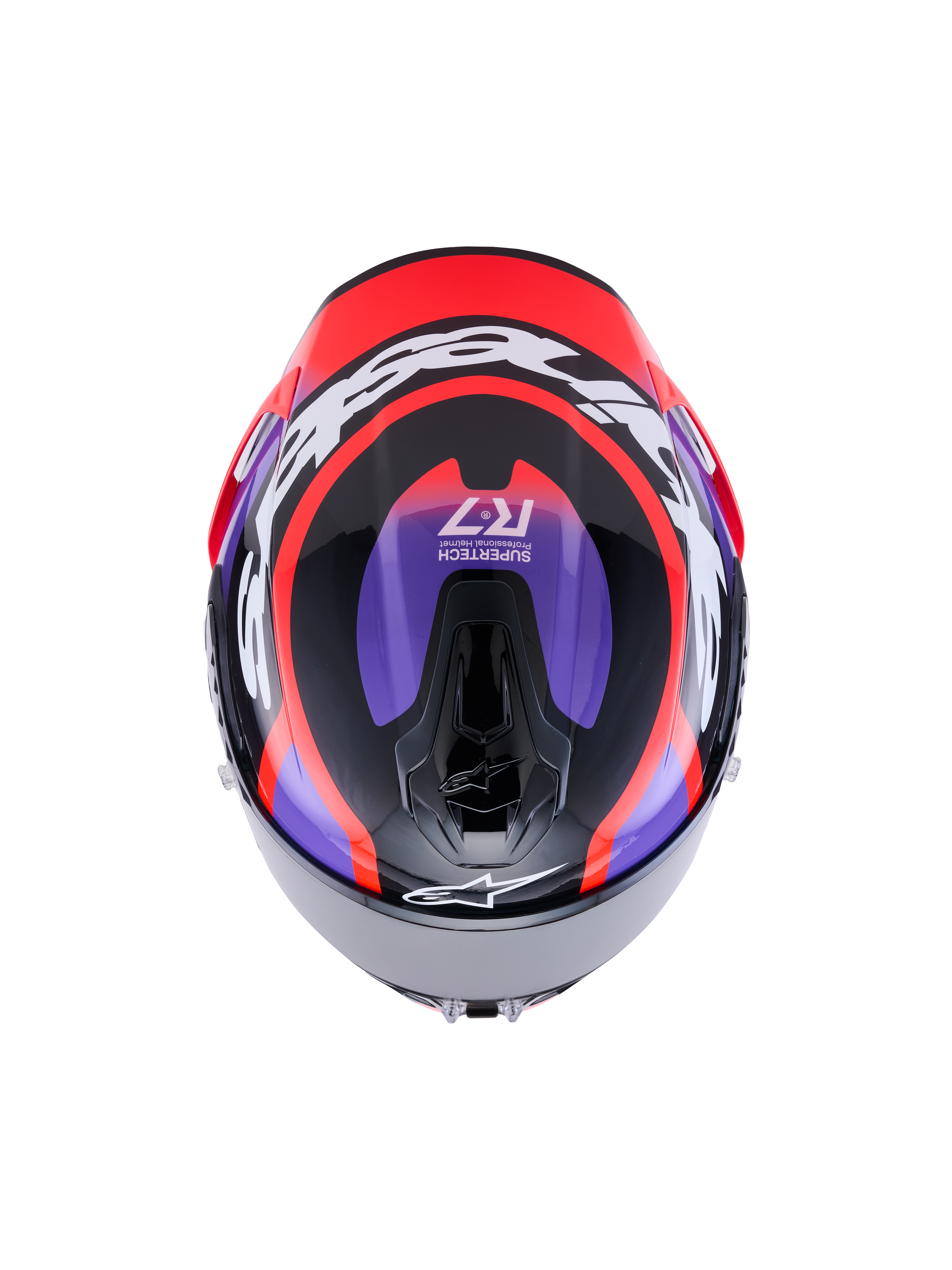 Alpinestars S-R7 Lumen Helmet ECE 22.06, full-face motorcycle racing helmet, top view showing carbon composite construction in black, purple, red fluo, and glossy white
