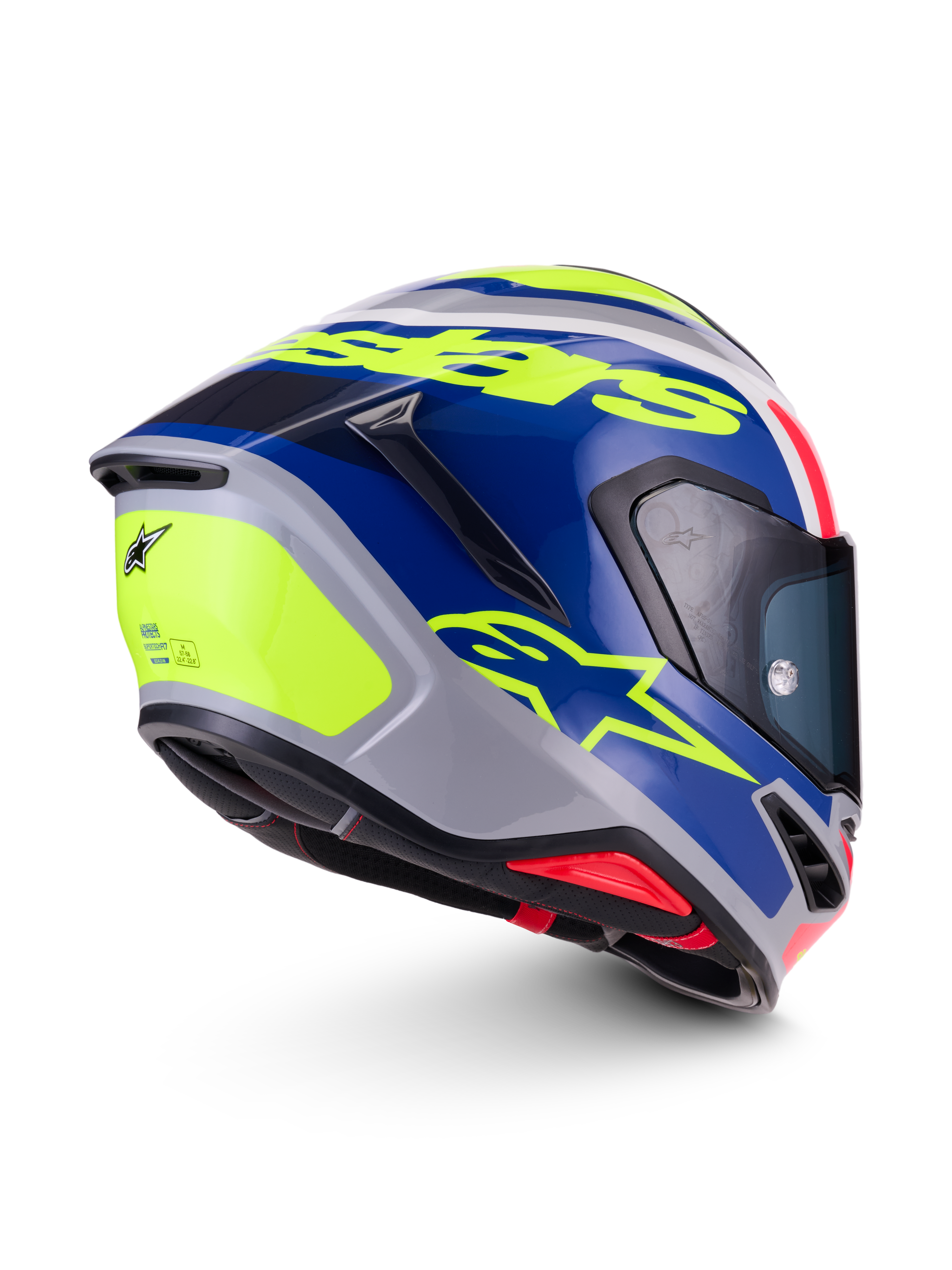 Alpinestars S-R7 Lumen Helmet ECE 22.06, full face motorcycle racing helmet, silver, blue, pink and yellow glossy finish with carbon composite construction
