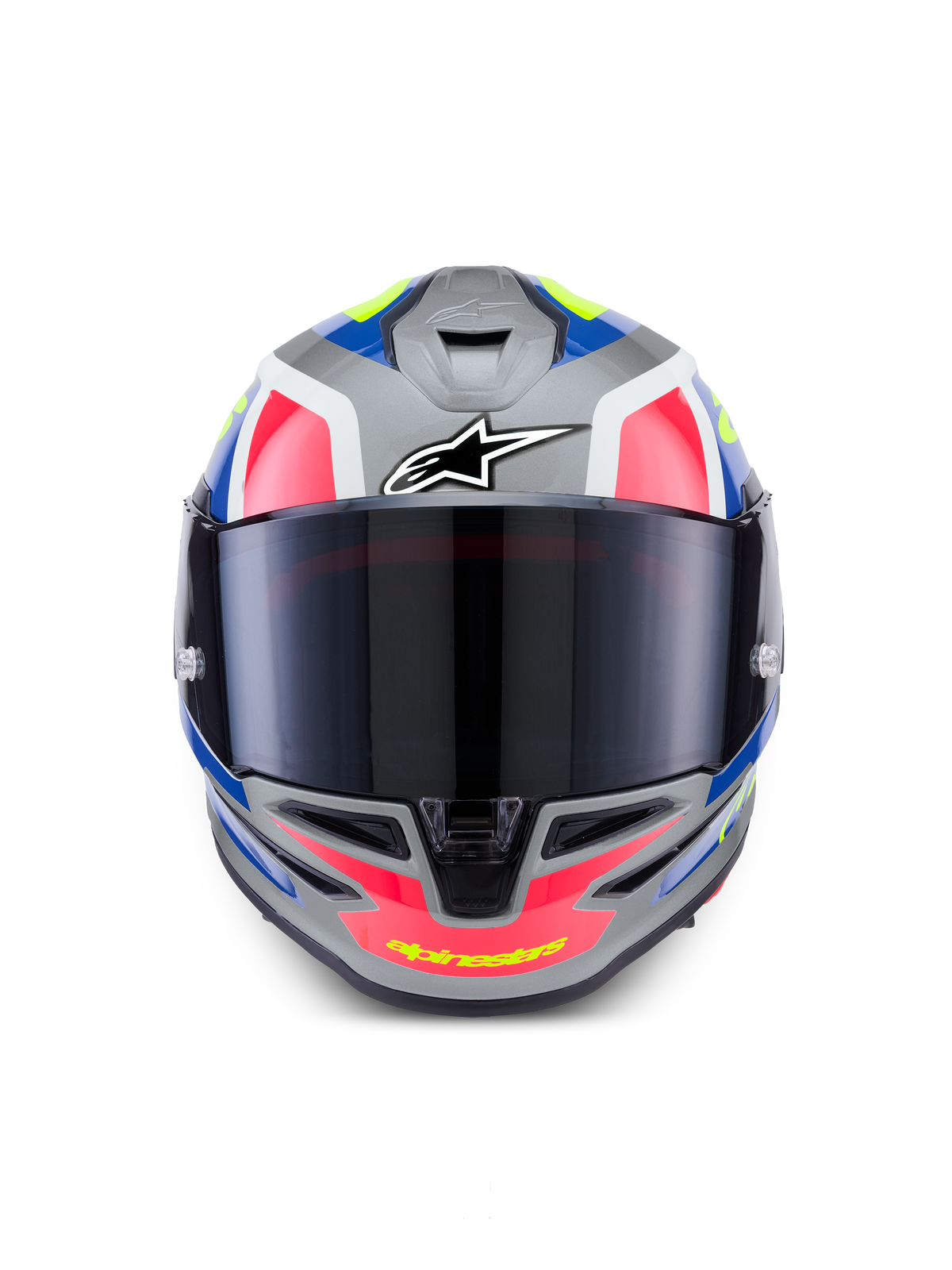 Alpinestars S-R7 Lumen Helmet ECE 22.06, full face motorcycle racing helmet, silver, pink, and yellow gloss finish with aerodynamic design and tinted visor