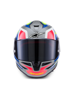 Alpinestars S-R7 Lumen Helmet ECE 22.06, full face motorcycle racing helmet, silver, pink, and yellow gloss finish with aerodynamic design and tinted visor