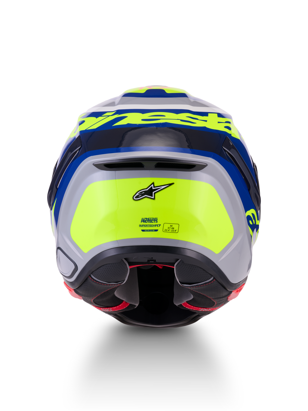 Alpinestars S-R7 Lumen Helmet ECE 22.06, motorcycle road racing helmet, rear view showcasing aerodynamic design, silver, blue, pink, and yellow glossy finish with Alpinestars branding and safety certification details
