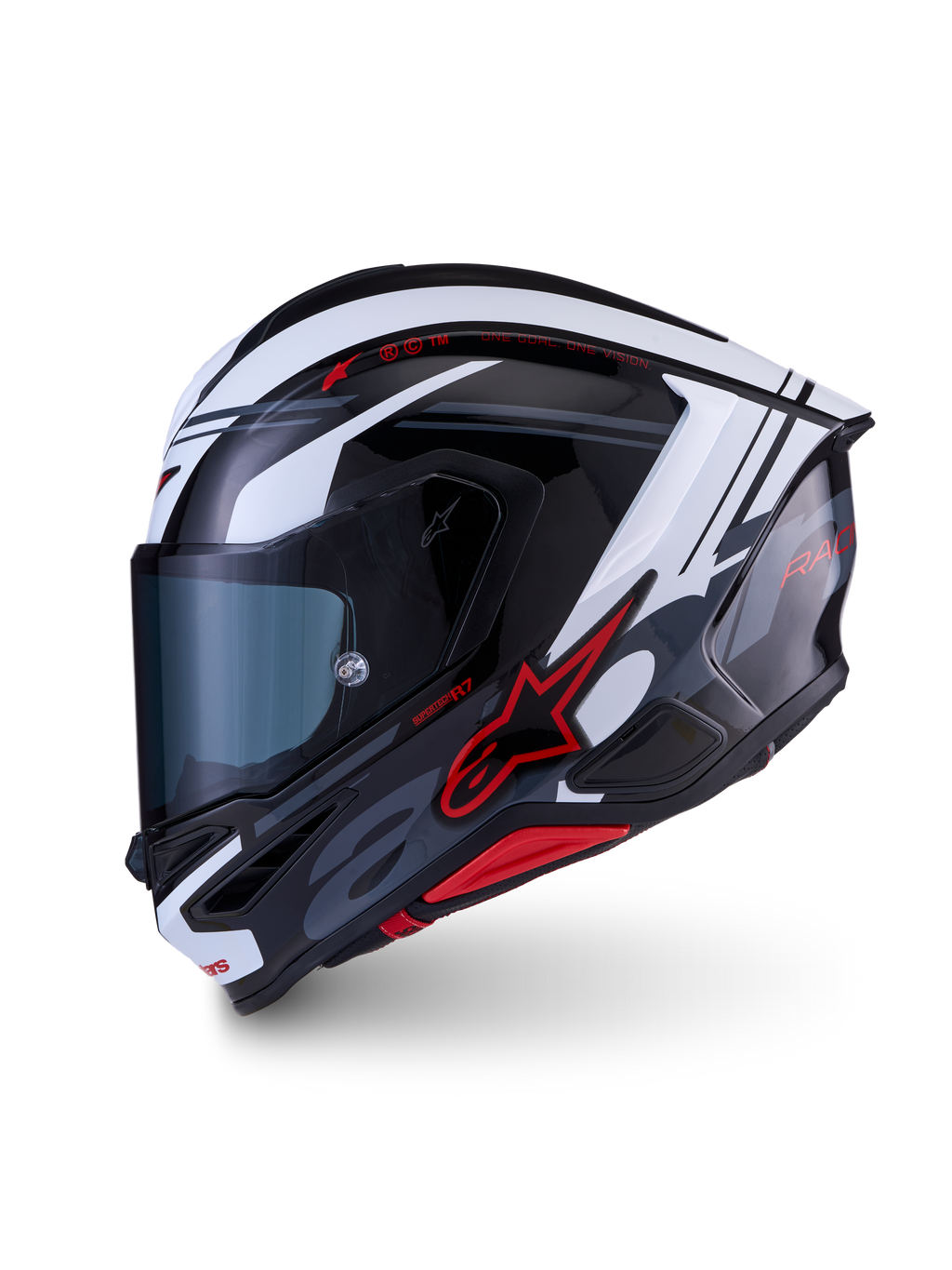 Alpinestars S-R7 A-Core hjälm, helhjälm för motorcykelracing, svart, vit och röd, kolfiberkompositkonstruktion, ECE-certifierad