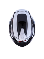 Alpinestars S-R7 A-Core ECE 06 hjälm, toppvy av racing- och sportmotorcykelhjälm i svart, vitt och rött med glansig finish, kolfiberkompositkonstruktion, med aerodynamisk profil och ventilationsdetaljer