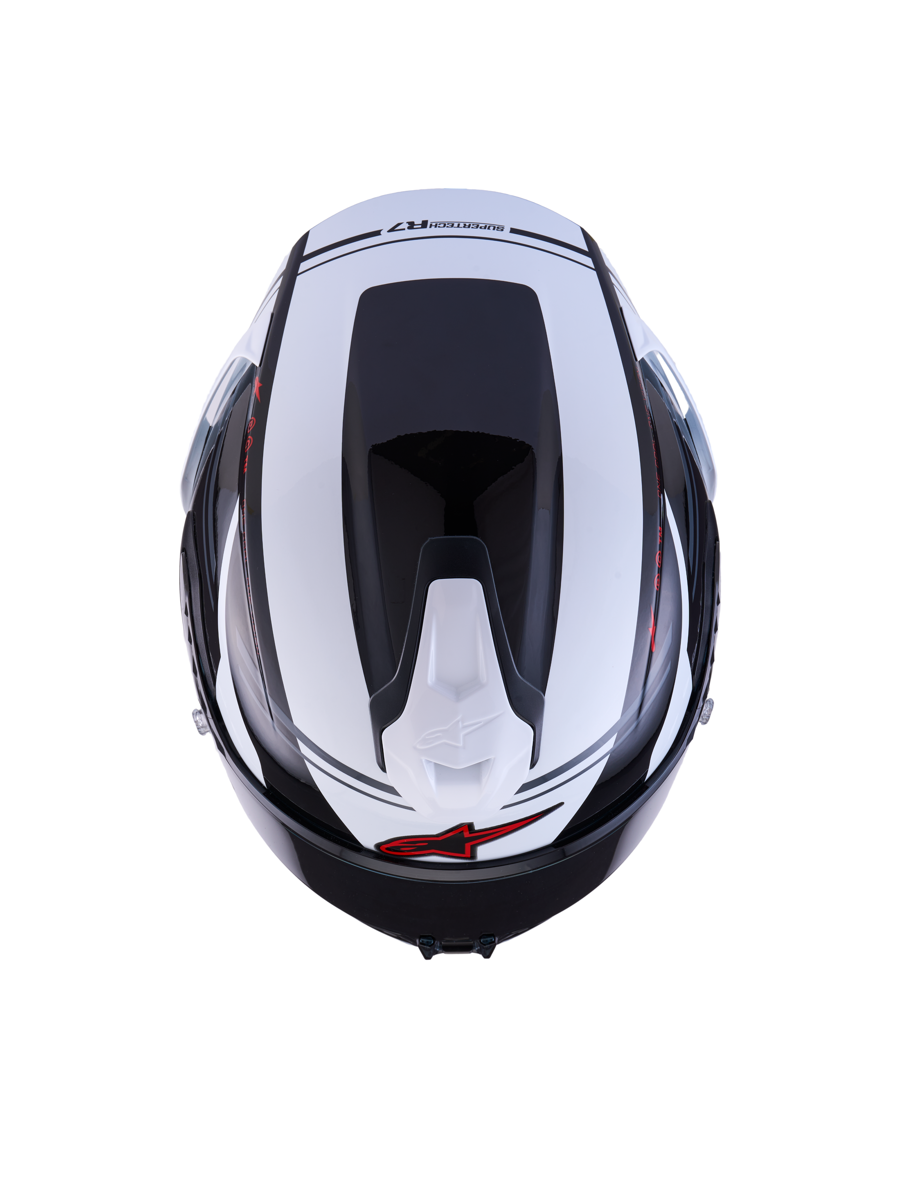Alpinestars S-R7 A-Core ECE 06 hjälm, toppvy av racing- och sportmotorcykelhjälm i svart, vitt och rött med glansig finish, kolfiberkompositkonstruktion, med aerodynamisk profil och ventilationsdetaljer