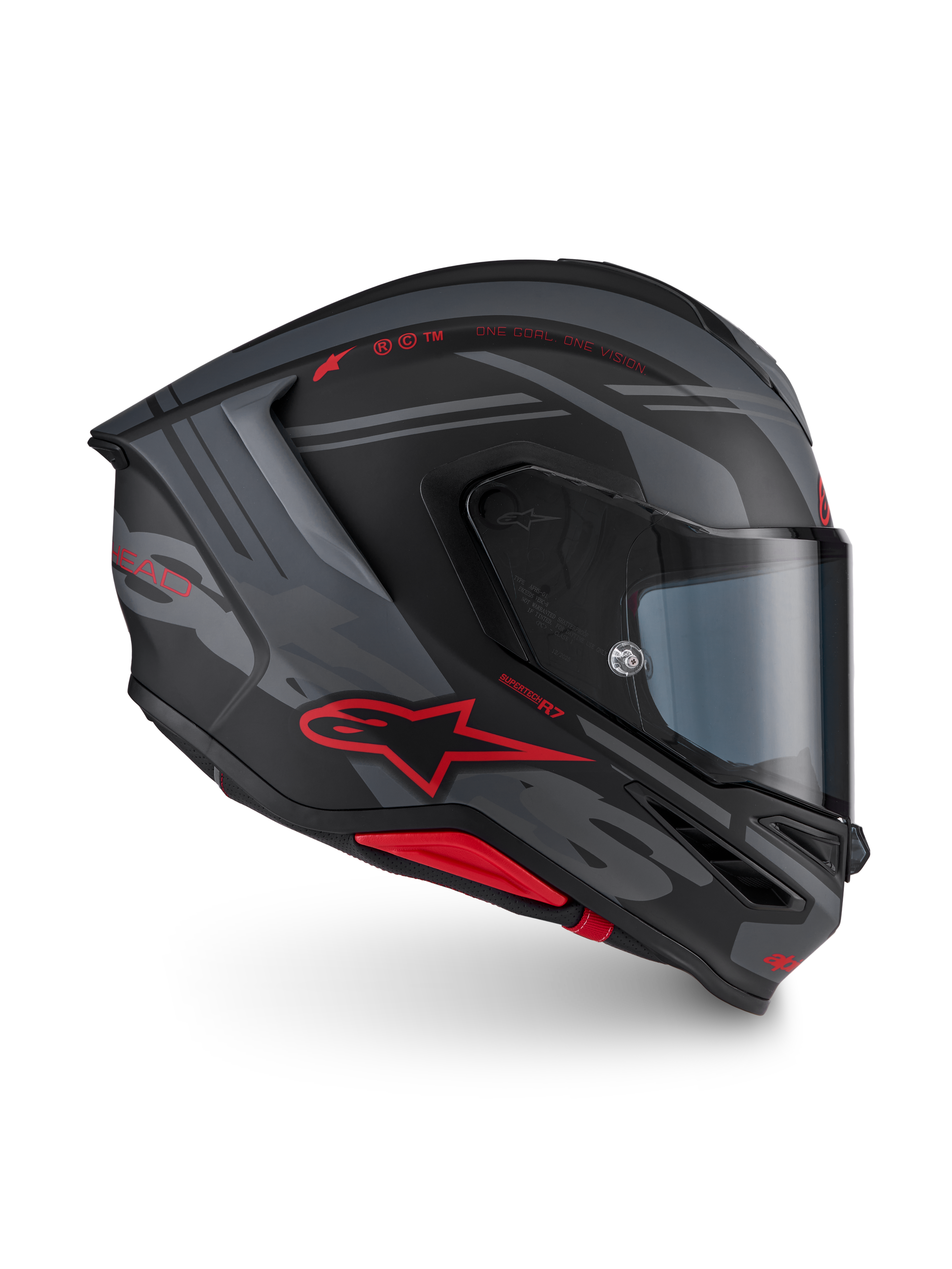 Alpinestars S-R7 A-Core Helmet ECE 22.06, full face motorcycle racing helmet, Black Gray and Red Matt, carbon construction with aerodynamic profile and red Alpinestars branding