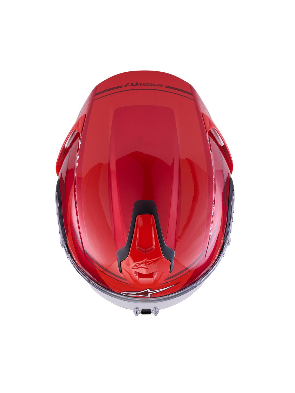 Alpinestars S-R7 A-Core hjälm ECE 22.06, motorcykelracinghjälm, toppvy med aerodynamisk kolfiberskal i blank röd och vit med svarta ventilationsdetaljer