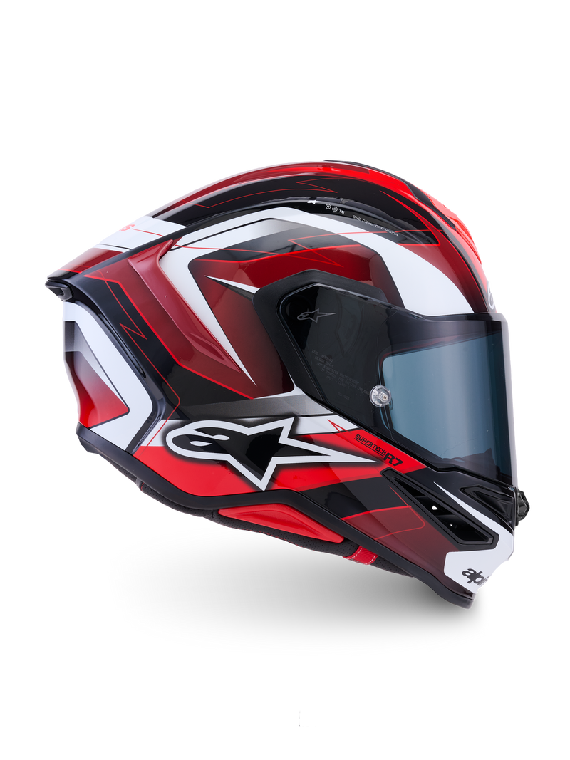 Alpinestars S-R7 Kinetis Helmet, full face motorcycle racing helmet, Black, Red, and White glossy finish, carbon composite construction, ECE certified
