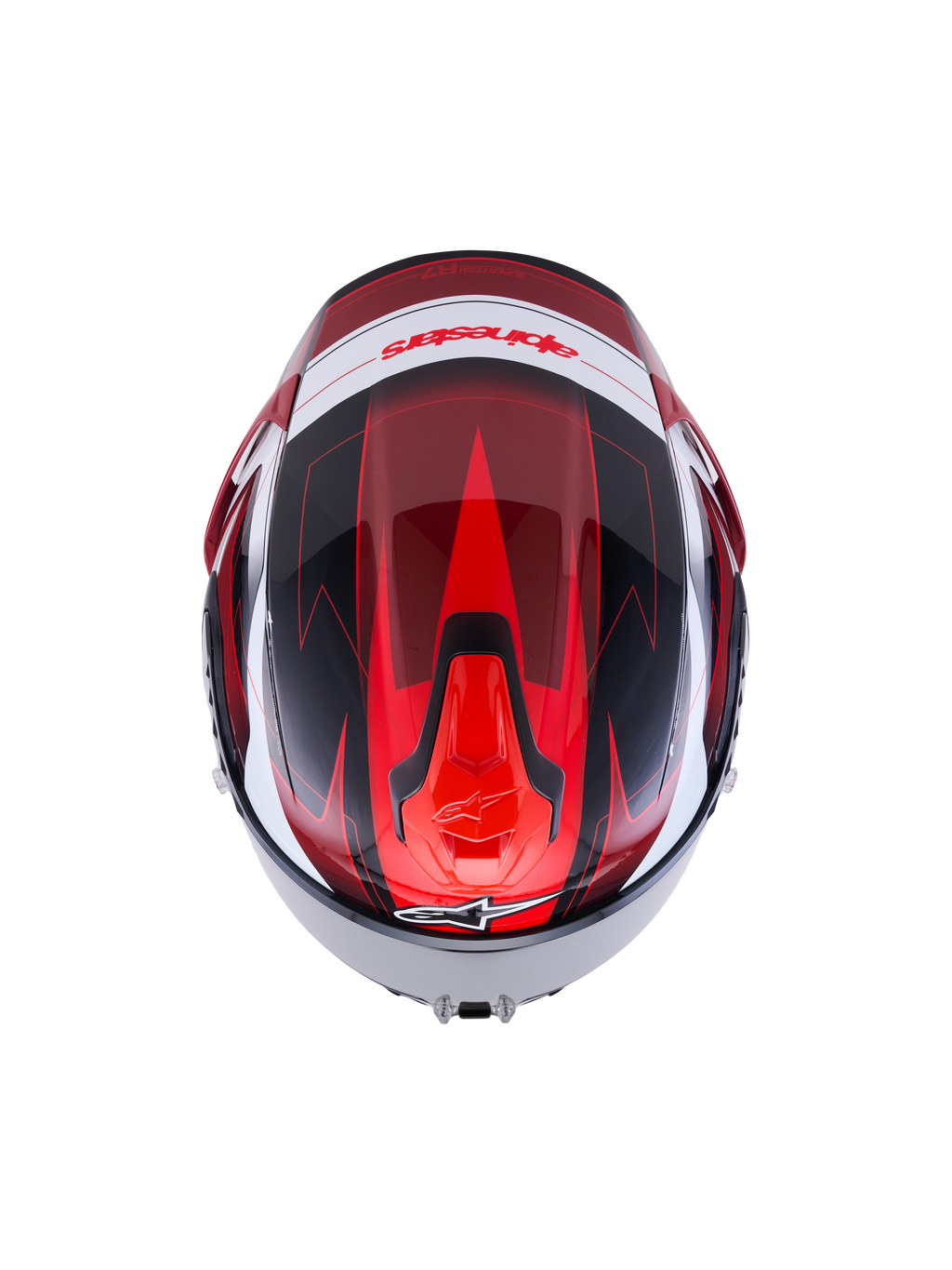 Alpinestars S-R7 Kinetis hjälm, helhjälm för motorcykelracing, svart, röd och vit glansig yta, vy uppifrån som visar aerodynamisk design och kolfiberkompositkonstruktion