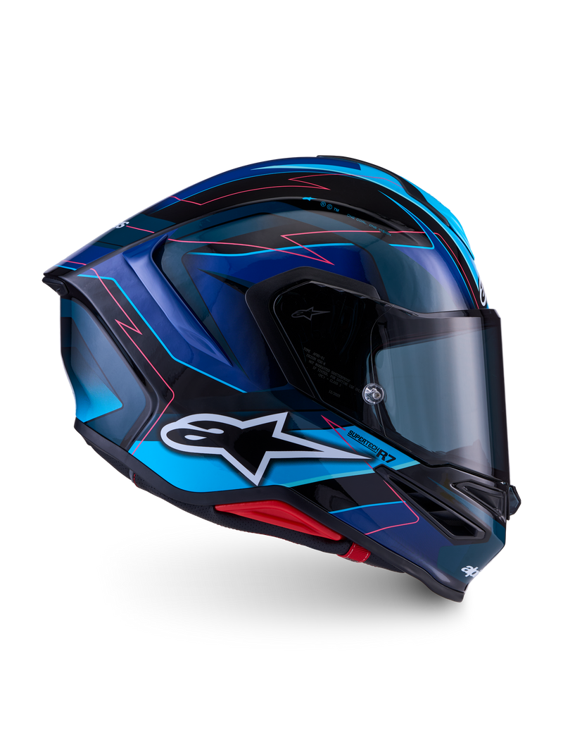 Alpinestars S-R7 Kinetis Helmet, full face motorcycle racing helmet, Black, Blue, Pink, and White glossy finish, carbon composite construction