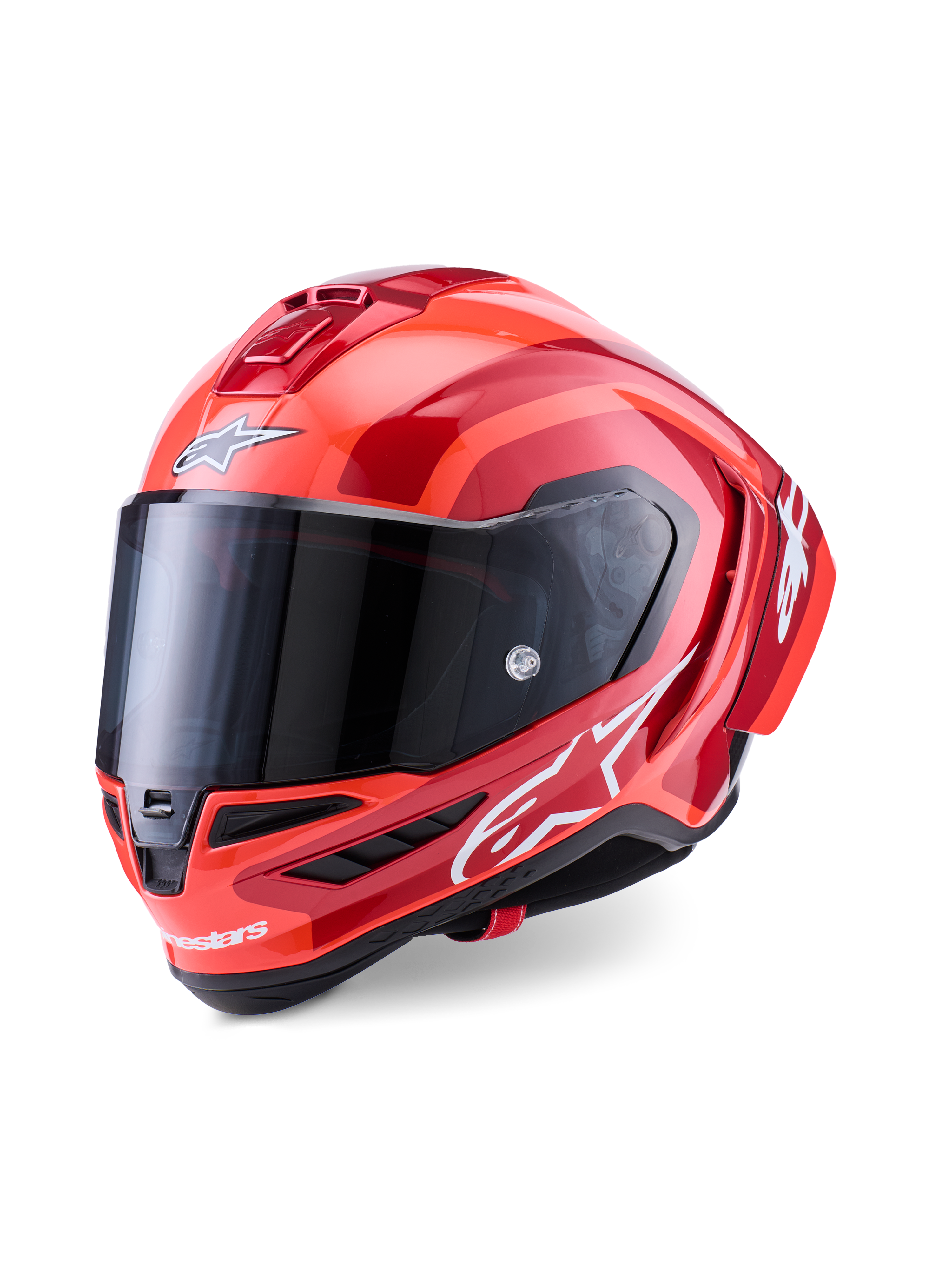 Alpinestars Supertech R10 Arius Helmet, Full-face Racing Helmet, Red and Orange Glossy, featuring white Alpinestars logos, dark tinted visor, aerodynamic carbon composite design with multi-vent cooling system