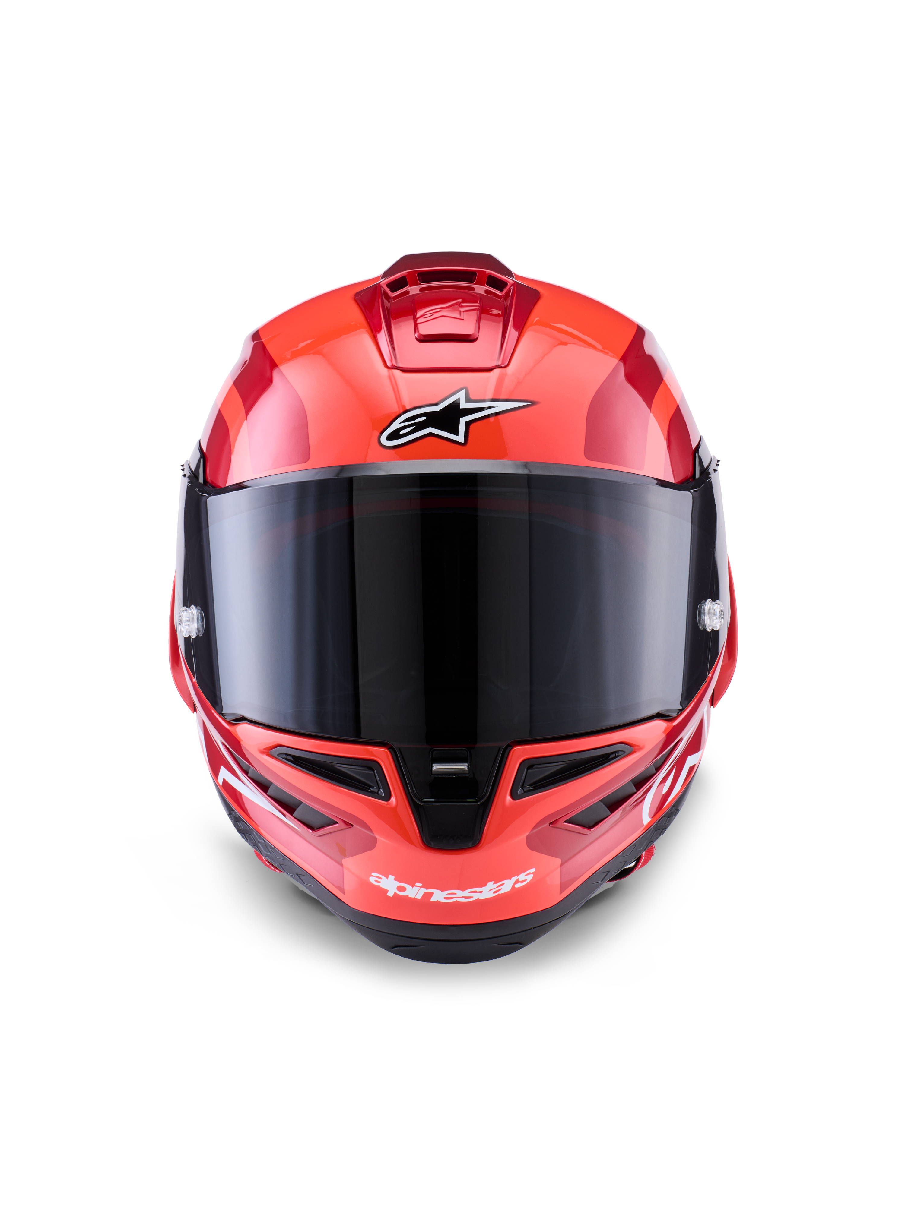 Alpinestars Supertech R10 Arius Helmet, Full-Face Racing Helmet, Red with White and Black accents, front view with dark smoke visor, featuring Alpinestars branding on the forehead and chin, glossy finish with aerodynamic ventilation ports