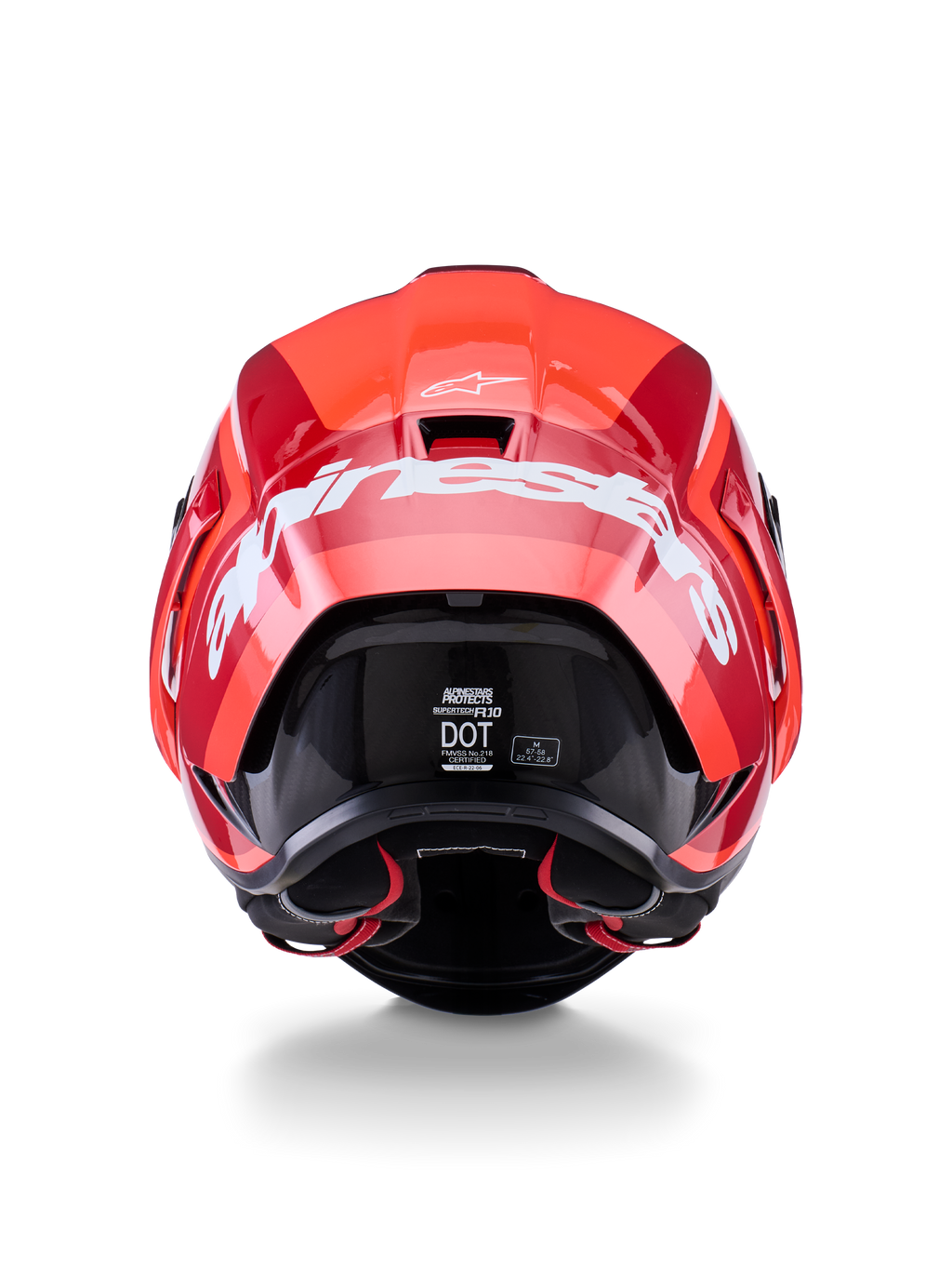Alpinestars Supertech R10 Arius Helmet, Rear View, Glossy Red and Dark Red design, Large white Alpinestars wordmark across the back, DOT and ECE certification labels visible, high-performance aerodynamic racing helmet