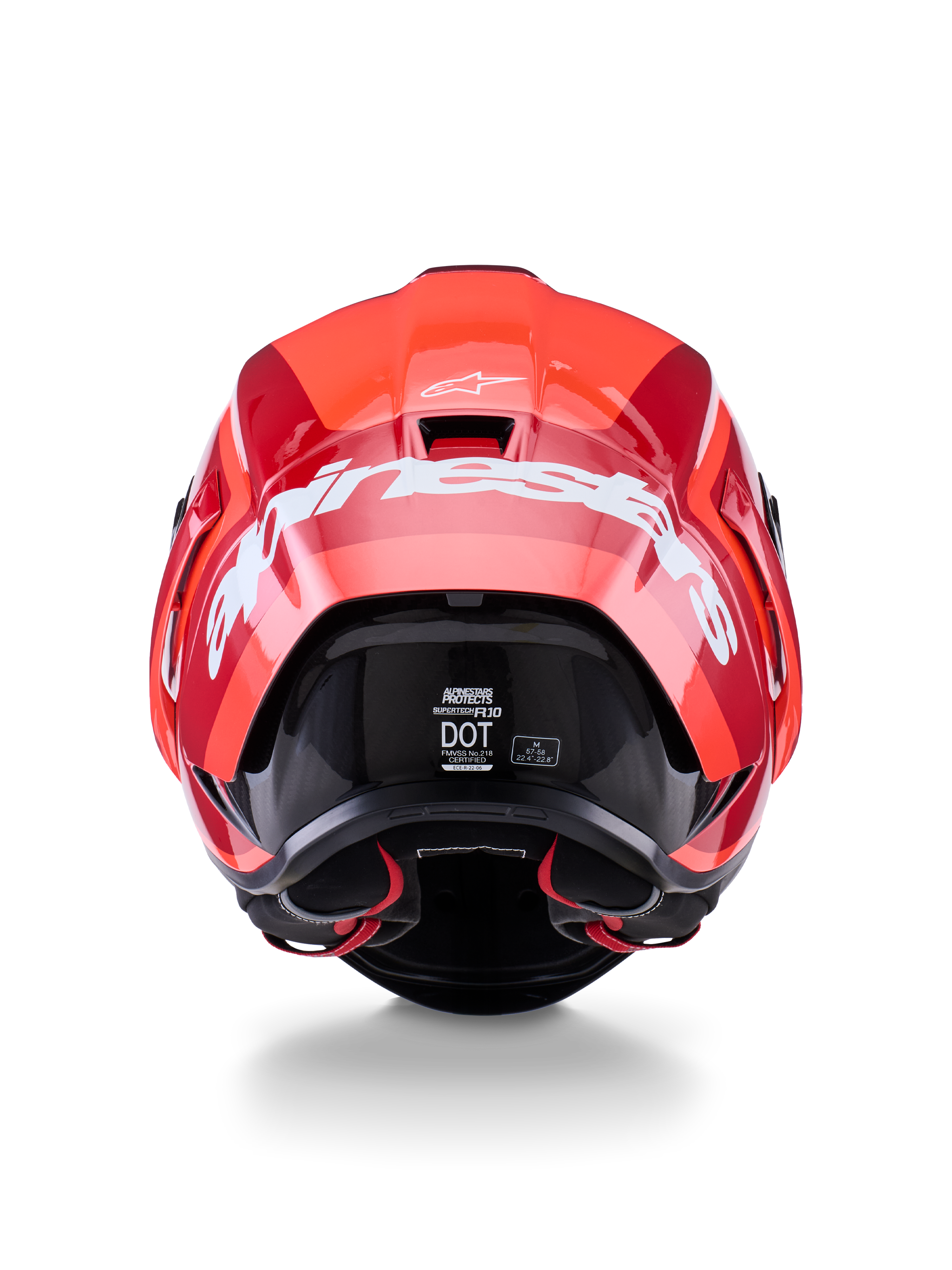 Alpinestars Supertech R10 Arius Helmet, Rear View, Glossy Red and Dark Red design, Large white Alpinestars wordmark across the back, DOT and ECE certification labels visible, high-performance aerodynamic racing helmet
