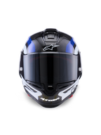 Alpinestars Supertech R10 Arius hjälm, integralhjälm för racing, svart, vit och blå glansig, frontvy med mörkt rökfärgat visir, synlig kolfibertextur på det övre skalet, vit Alpinestars-logotyp på panna och haka, strömlinjeformad aerodynamisk design för professionell racing