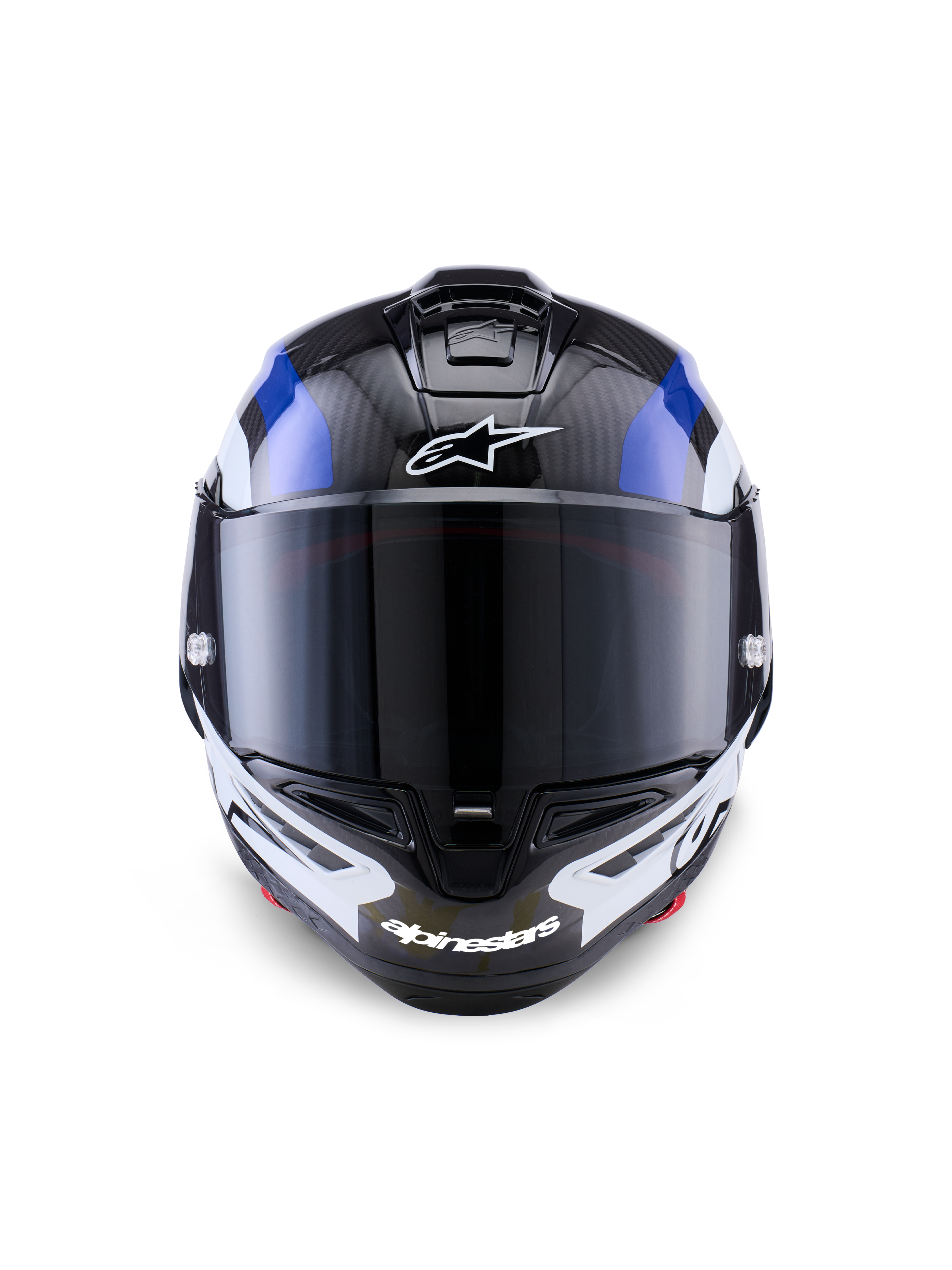 Alpinestars Supertech R10 Arius hjälm, integralhjälm för racing, svart, vit och blå glansig, frontvy med mörkt rökfärgat visir, synlig kolfibertextur på det övre skalet, vit Alpinestars-logotyp på panna och haka, strömlinjeformad aerodynamisk design för professionell racing