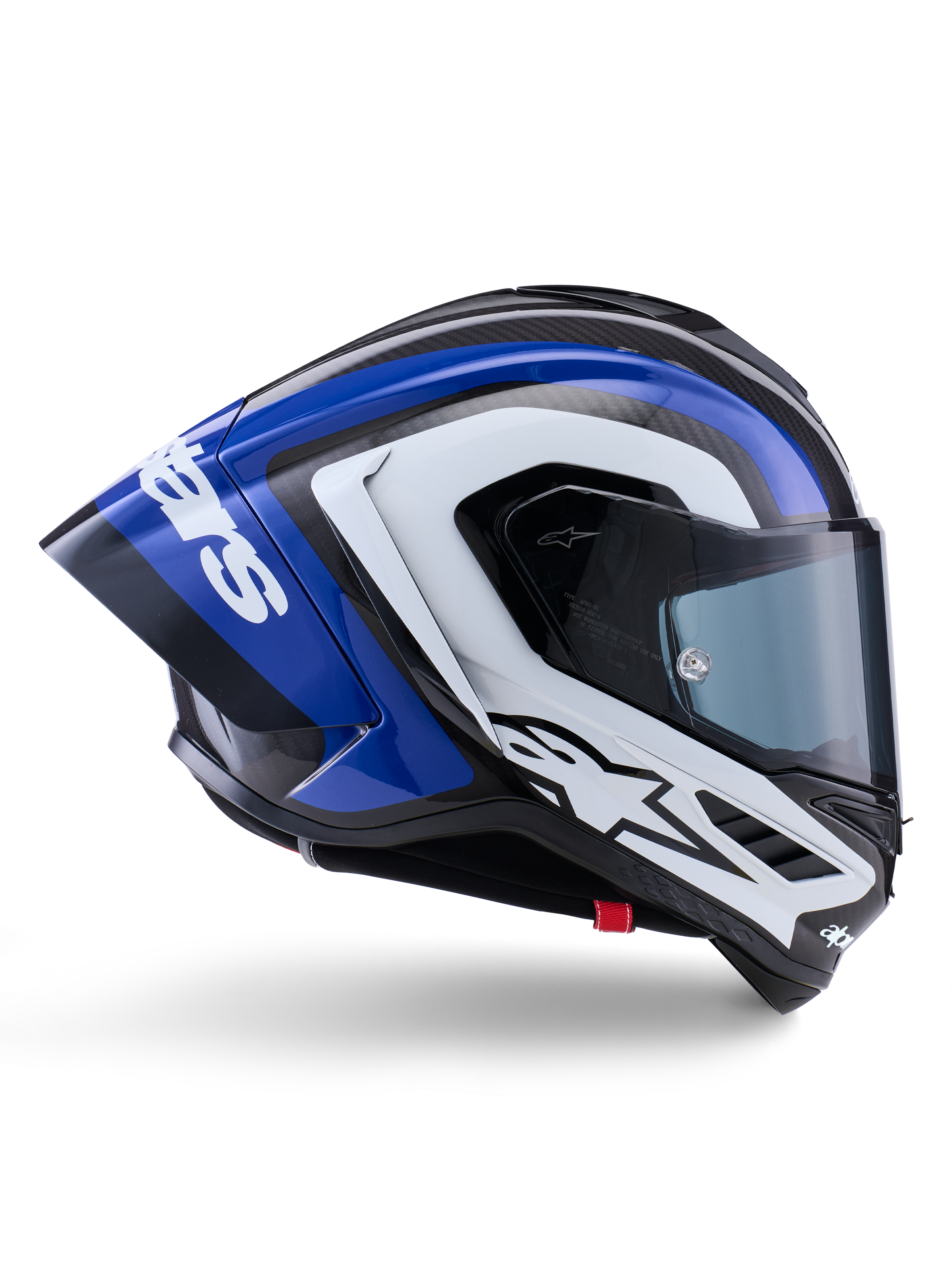 Alpinestars Supertech R10 Arius-hjälm, heltäckande racinghjälm, svart, vit och blå glansig finish, aerodynamisk sidovy som visar kolfiberskal och stor bakspoiler med Alpinestars-logotyp, professionell skyddsutrustning för motorcyklar